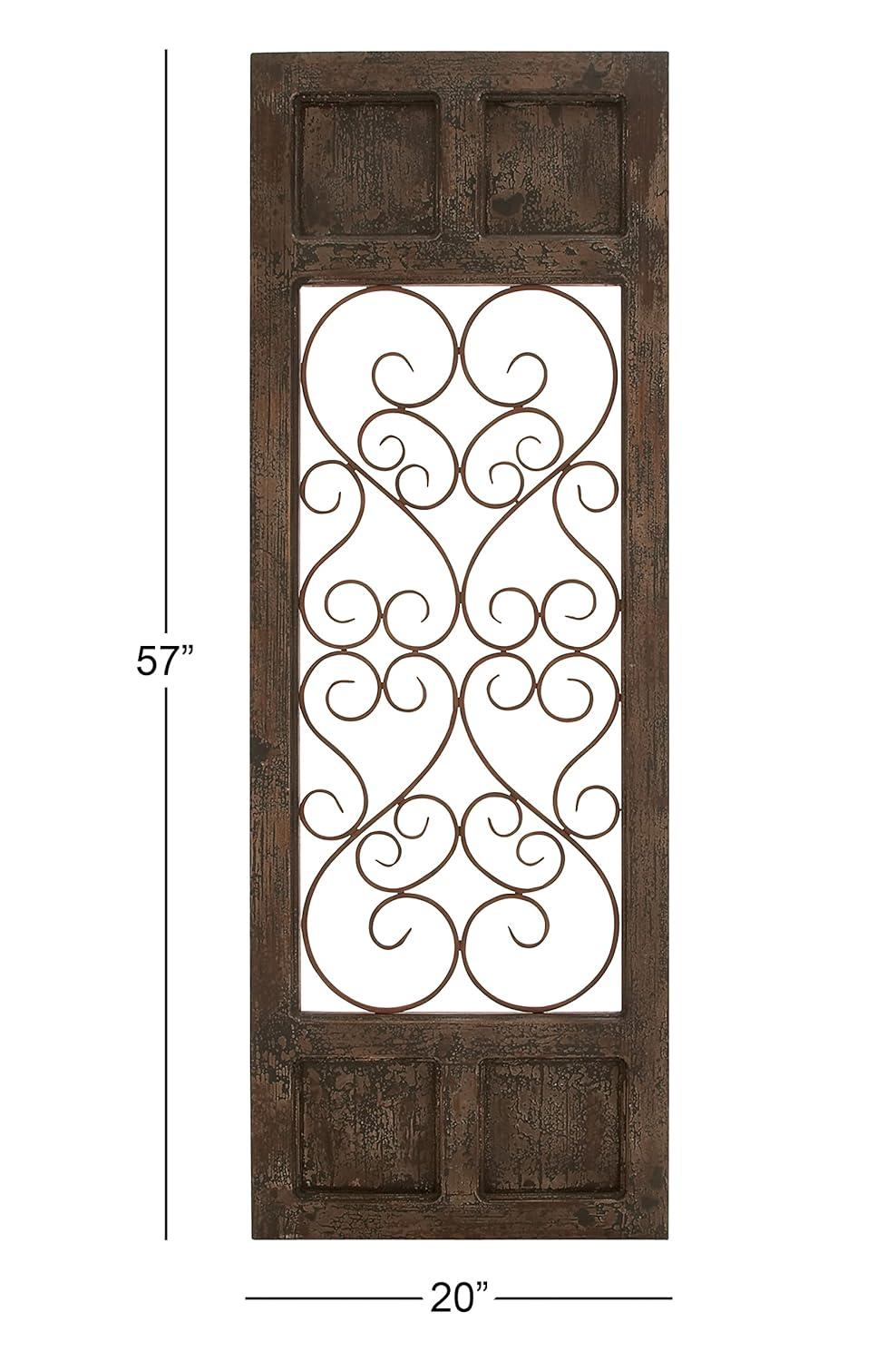 Olivia & May Traditional Wood Scroll Window Inspired Wall Decor with Metal Scrollwork Relief Brown: Vertical Iron Frame, Carved Art Object