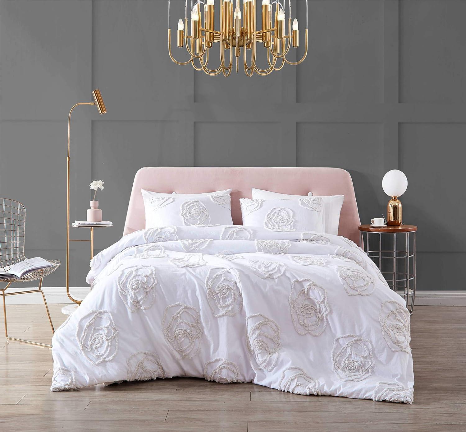 King White Cotton Duvet Cover Set with Textured Rose Accents