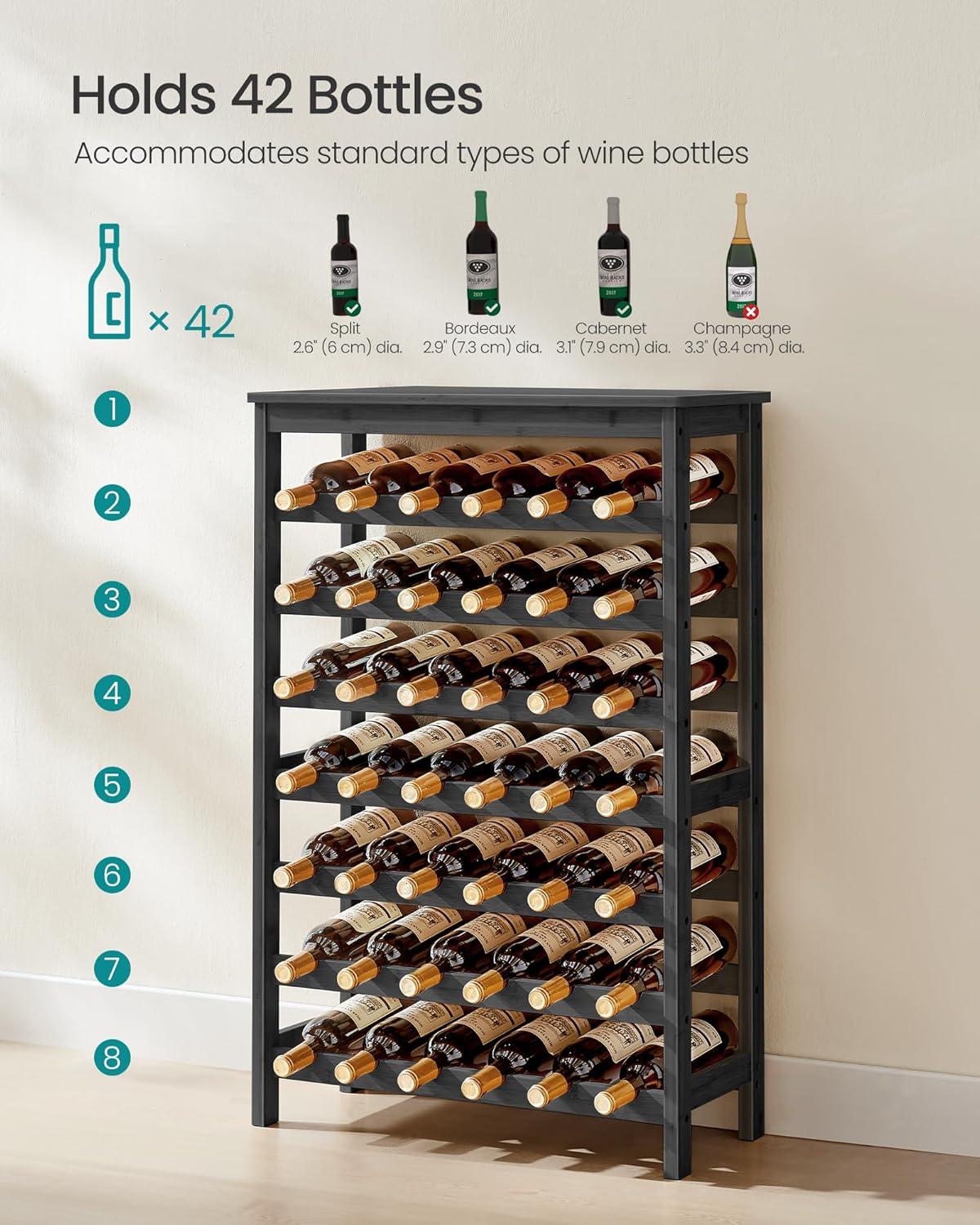 SONGMICS 42-Bottle Wine Rack Free Standing Floor, 7-Tier Display Wine Storage Shelves with Table Top, Bamboo Wobble-Free Bottle Holder, Ink Black