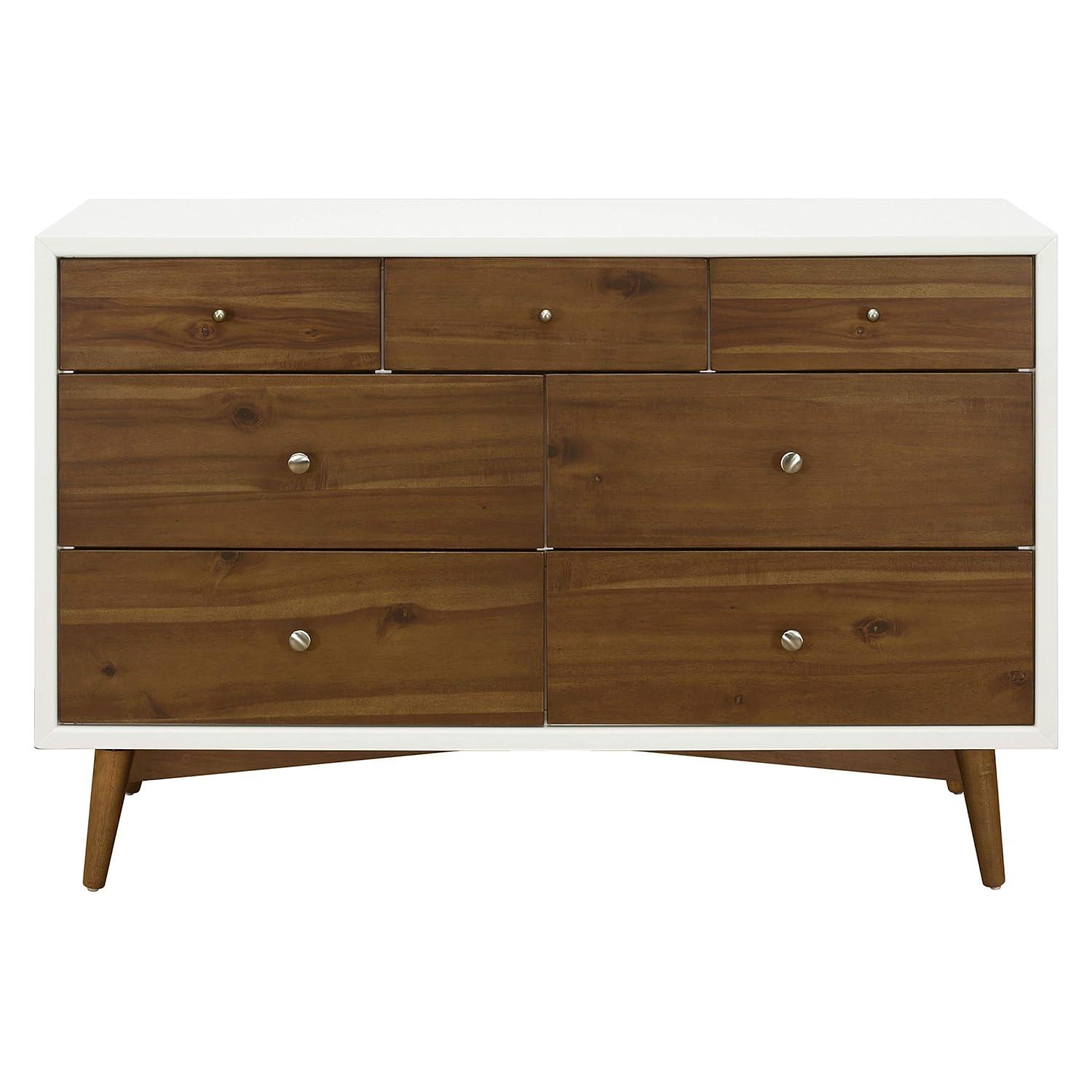 Warm White and Natural Walnut Mid-Century Double Dresser with Tapered Legs