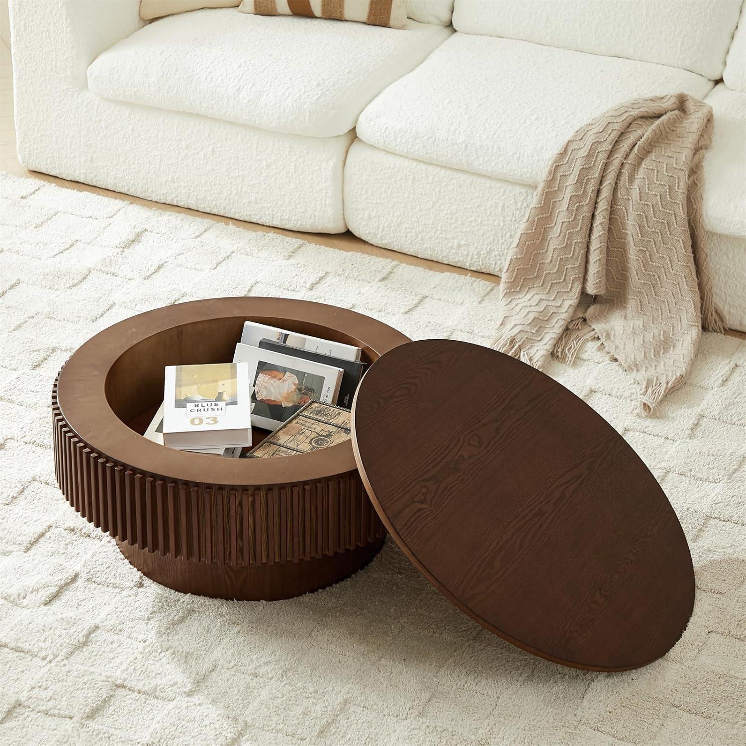 31.5" Round Wood Coffee Table with Storage - Modern Drum Circle Fluted Side Table for Apartment, Office - Easy Assembly, Walnut