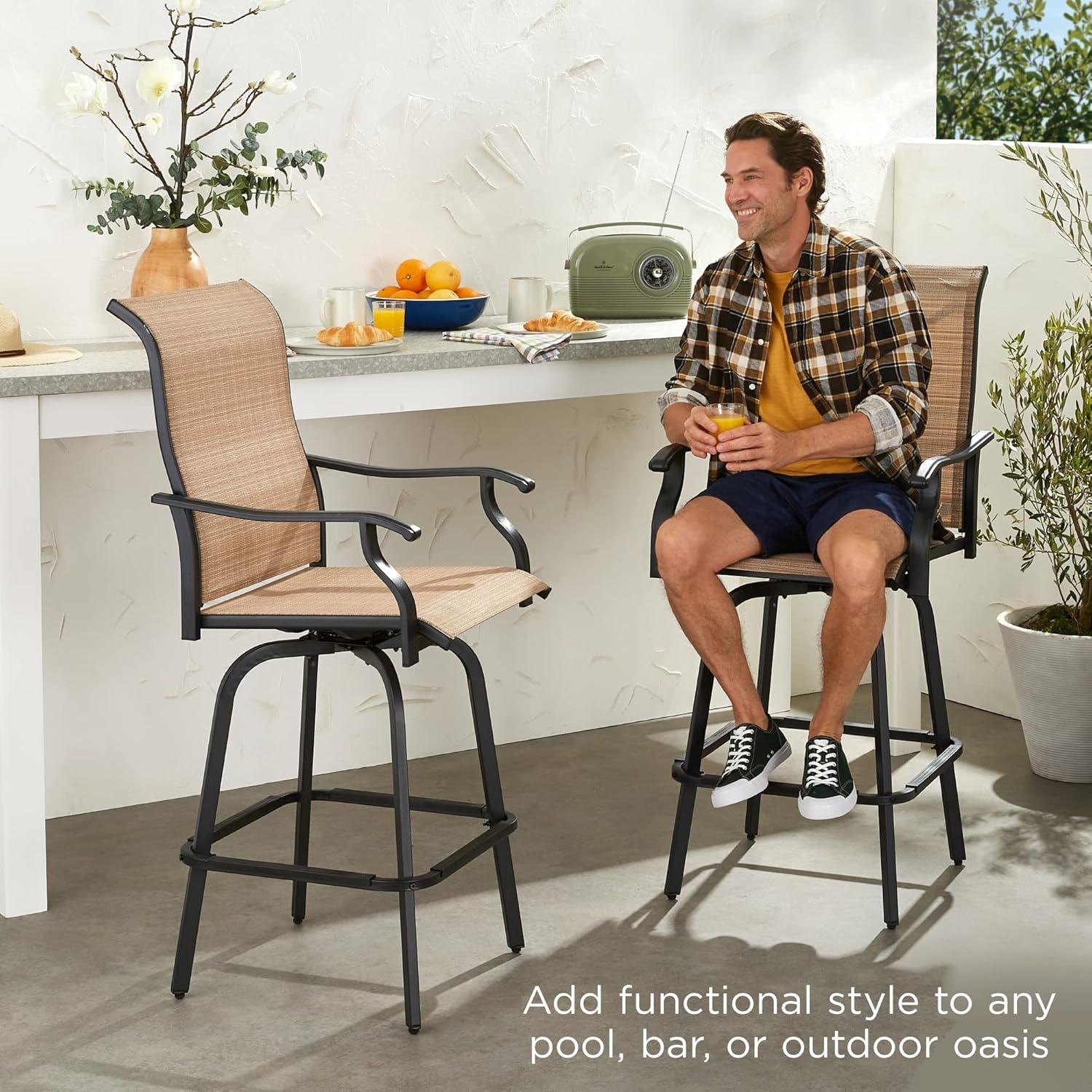 Tan Outdoor Swivel Bar Stools with Mesh and Steel Frame