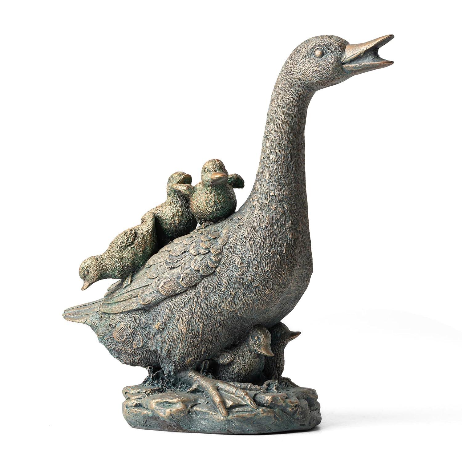 15" Aged Bronze Duck Family Garden Statue