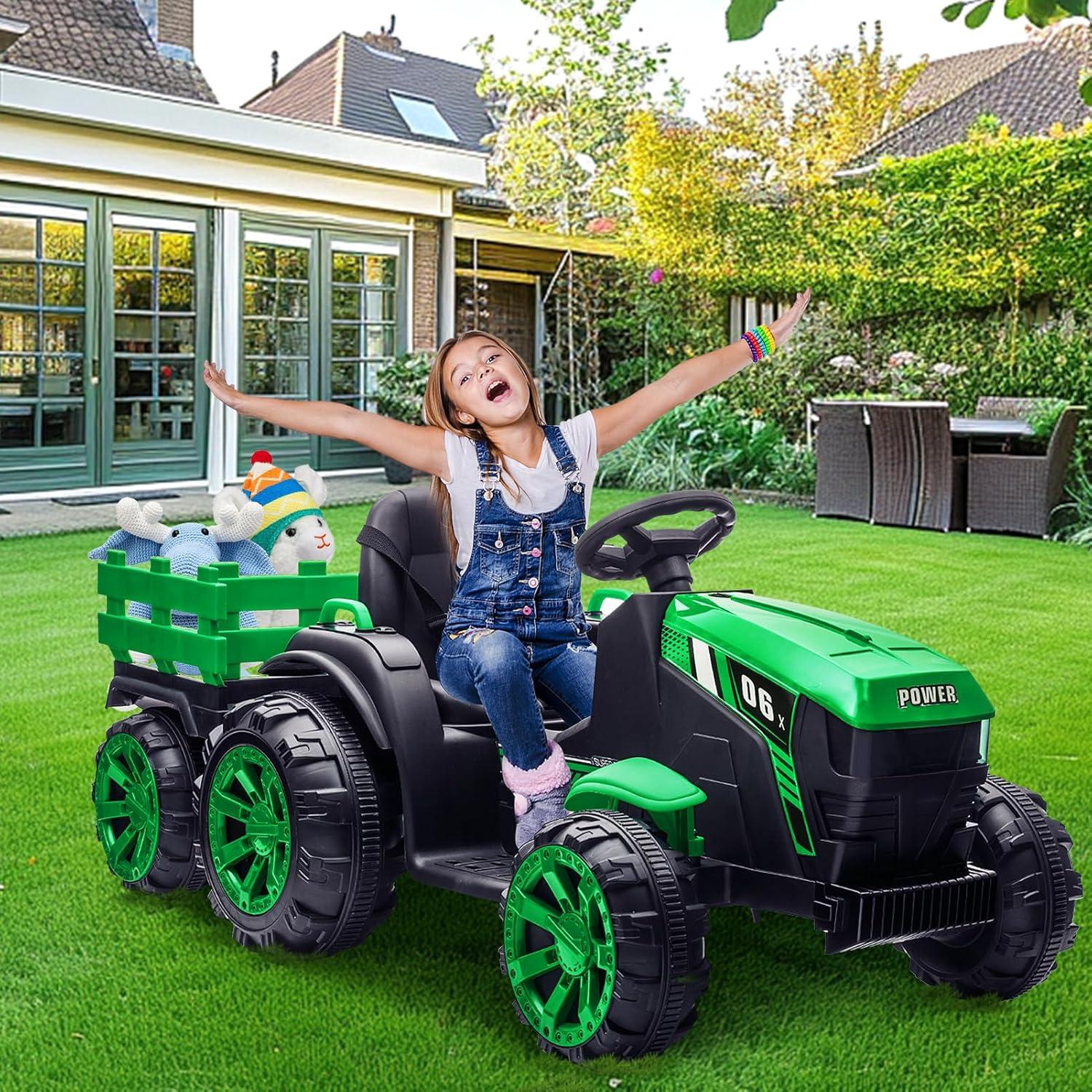 Yesurprise 12v Kids Ride On Tractor With Trailer Battery Powered Electric Vehicles Toy With 35w Dual Motor Remote Control 6 Wheels Led Lights Music