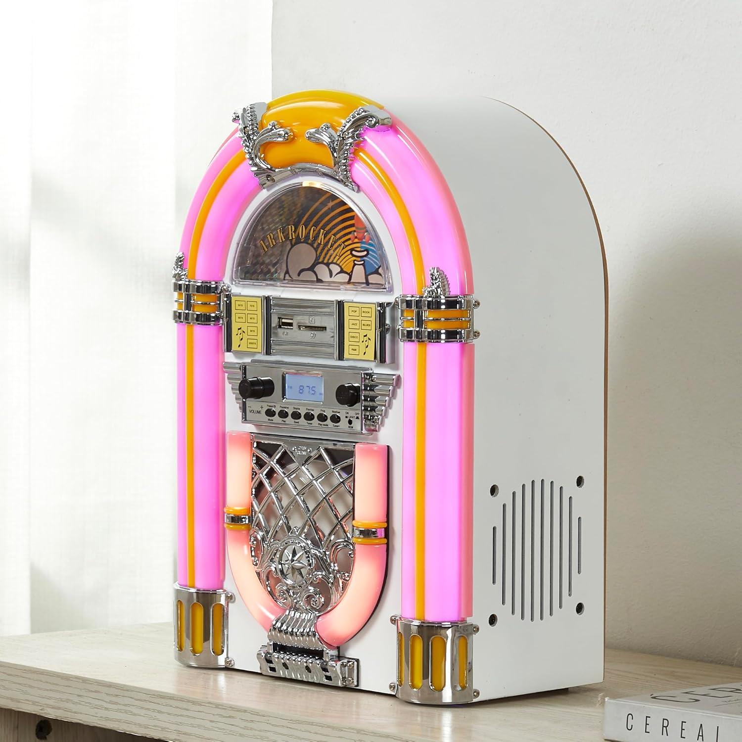 Arkrocket Athena Mini Jukebox/Tabletop CD Player/Bluetooth Speaker/Radio/USB and SD Card Player with Retro LED Lighting System (Pink White)