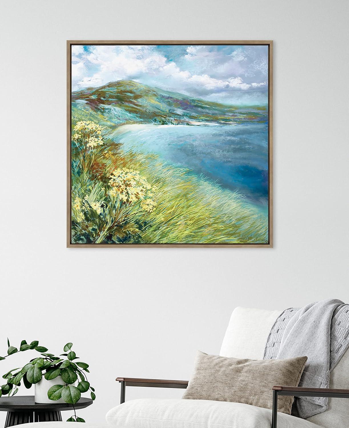 Kate and Laurel Sylvie Emerald Isle Ring of Kerry Framed Canvas Wall Art by Nel Whatmore, 30x30 Gold, Beach Mountain Landscape Art for Wall Home Decor