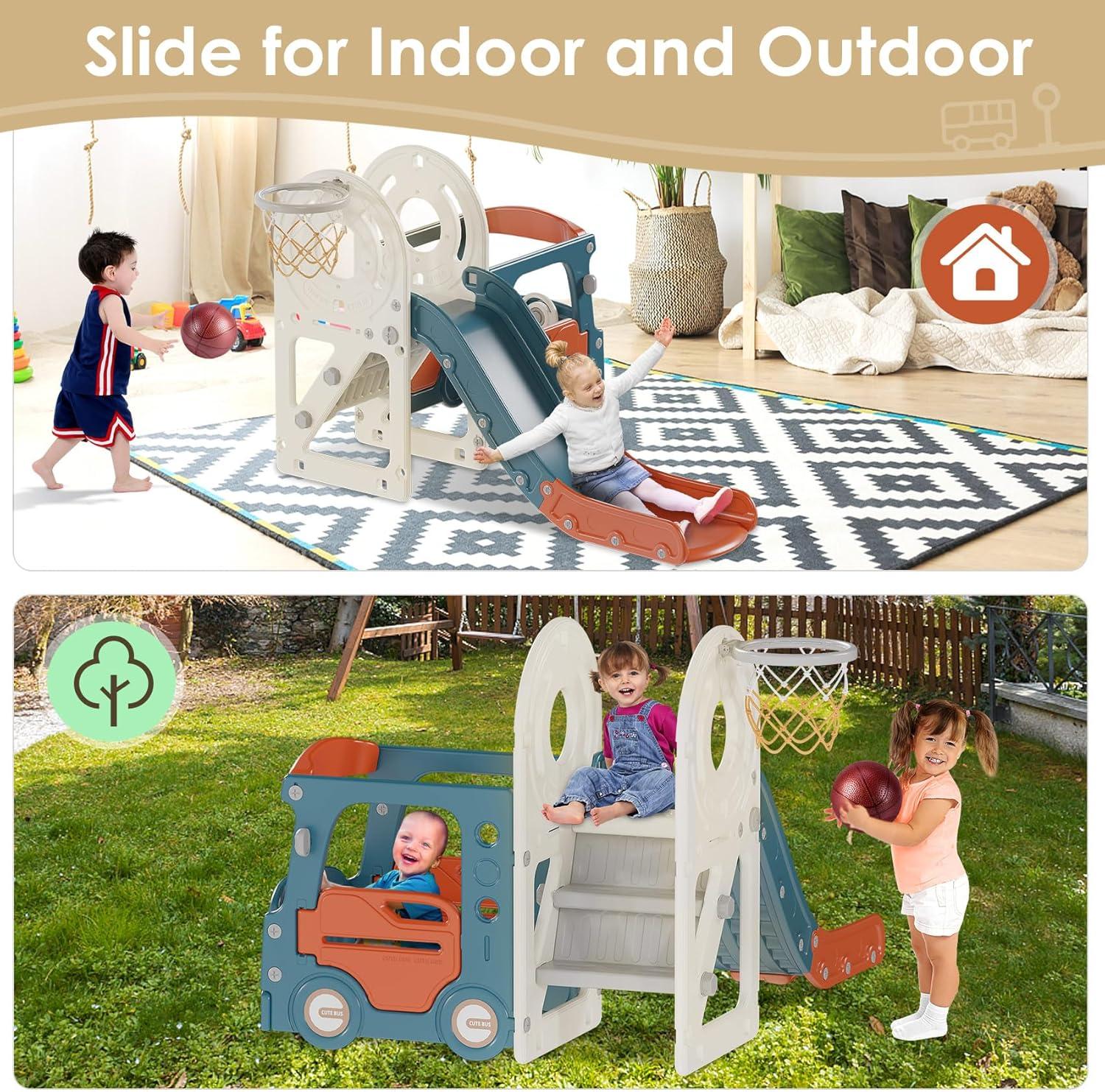 Suteck 4 in 1 Toddler Slide, Kids Slide with Climber and Bus Playhouse Outdoor Indoor Slide Playset