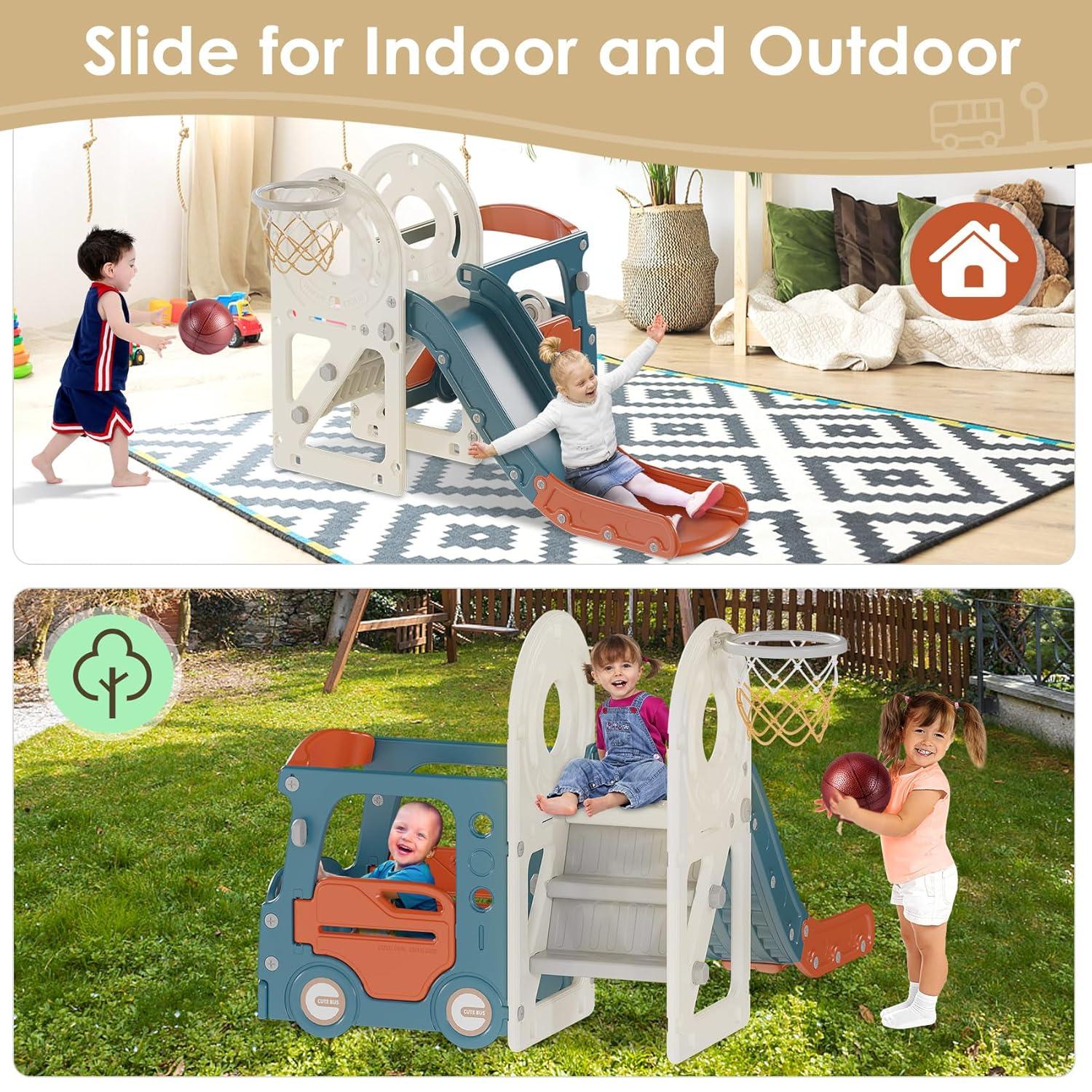 Suteck 4 in 1 Toddler Slide, Kids Slide with Climber and Bus Playhouse Outdoor Indoor Slide Playset