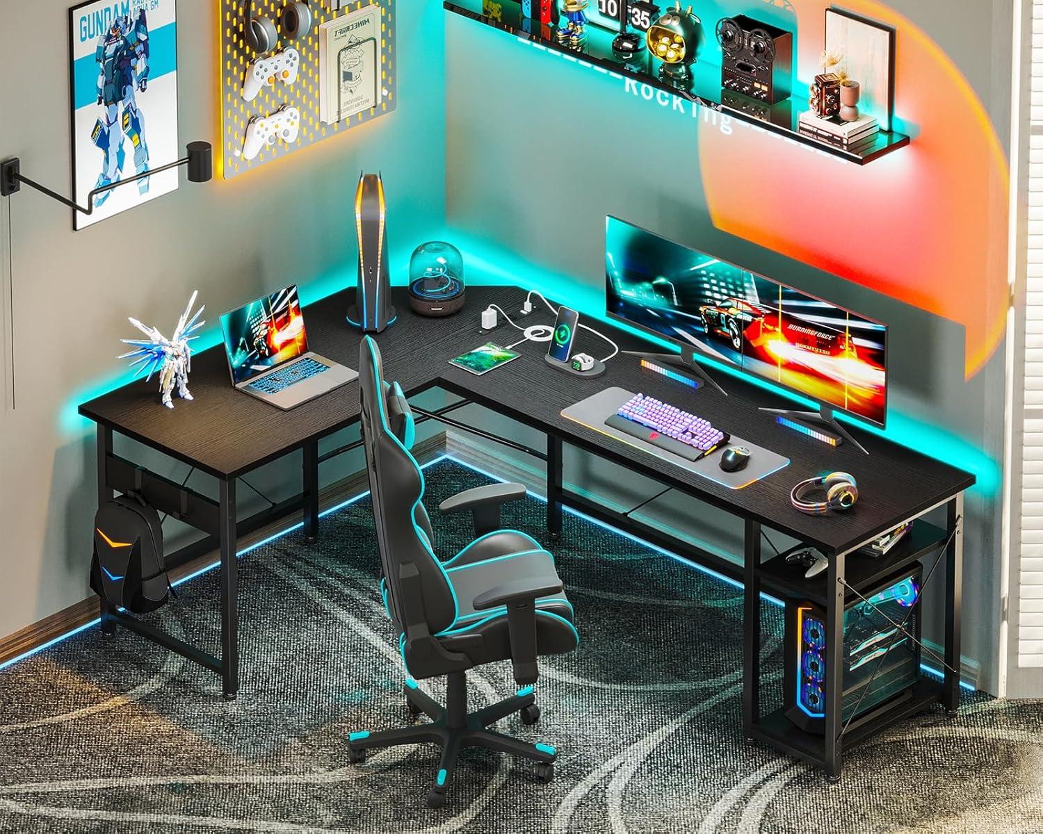 Black 59-Inch L-Shaped Gaming Desk with Power Outlet and USB Ports