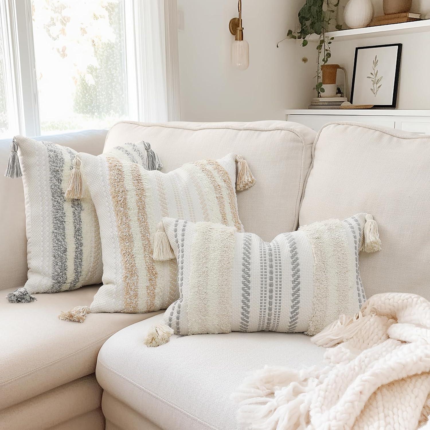 decorUhome 2 Pack Boho Decorative Throw Pillow Covers Tufted Woven with Tassel Series Pillow Case, 18x18, Light Grey