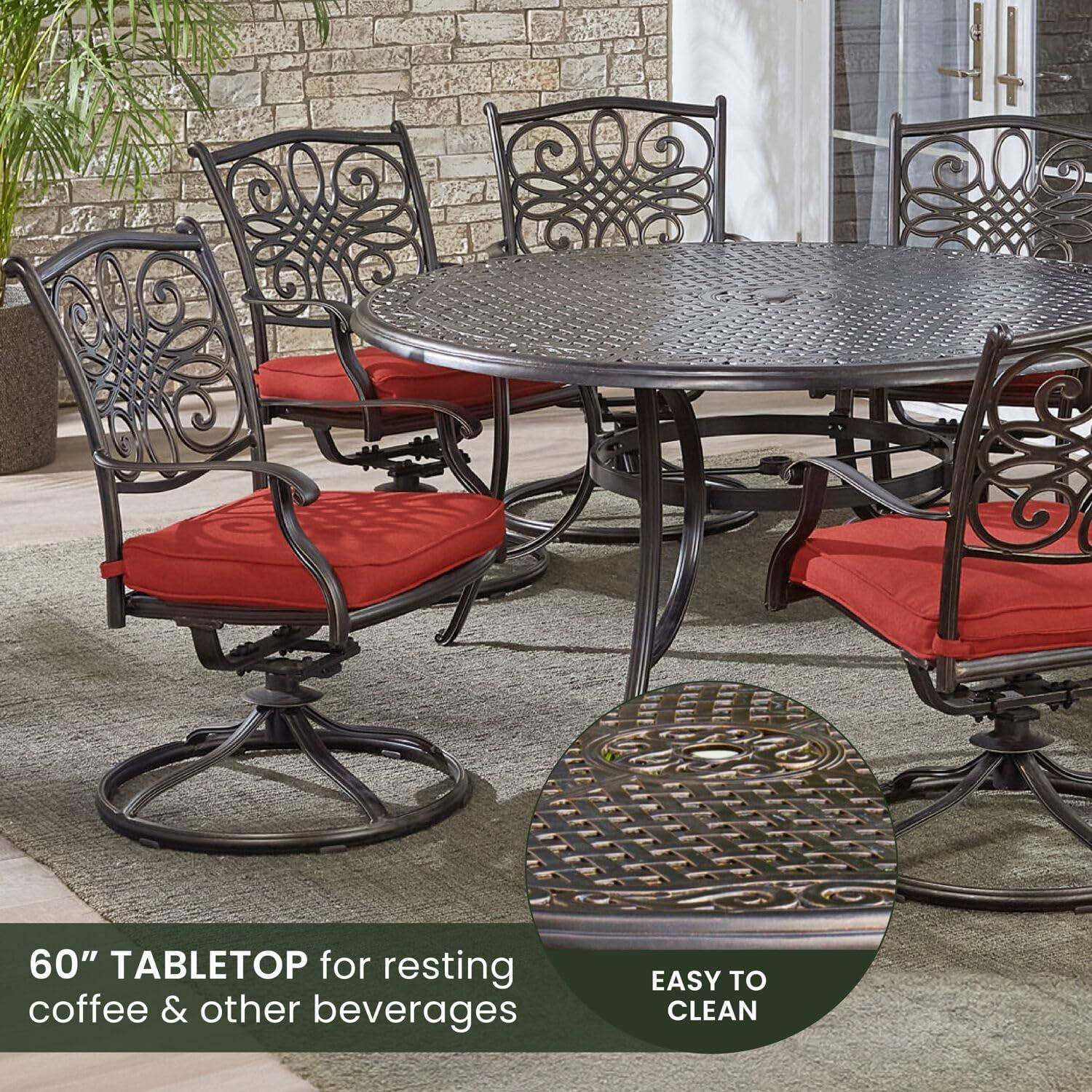 Hanover Traditions 7 Pcs Aluminum Outdoor Dining Set with Cast-top Table, Red