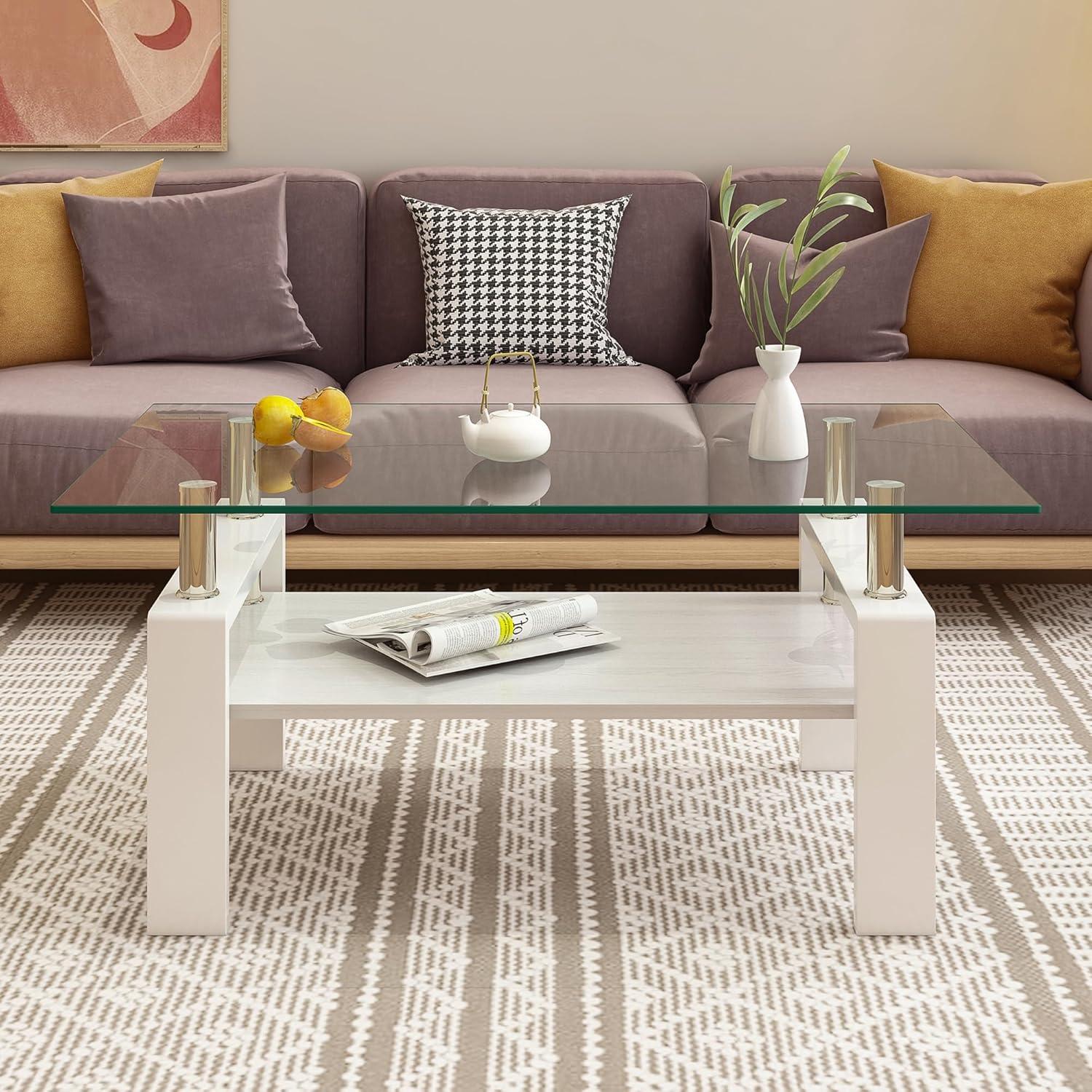 Glass Coffee Table for Living Room, Rectangle Glass Coffee Table with Storage Shelf, Transparent Coffee Tabletop with White Metal Legs for Apartment, Office (Transparent Glass, White)