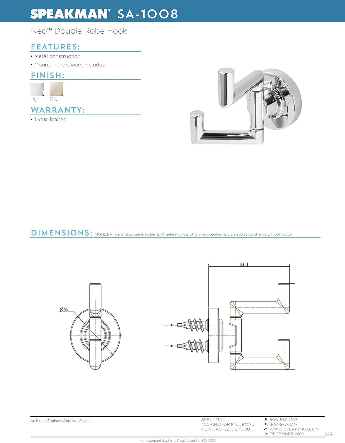 Speakman SA-1008 Neo Double Robe Hook, Polished Chrome