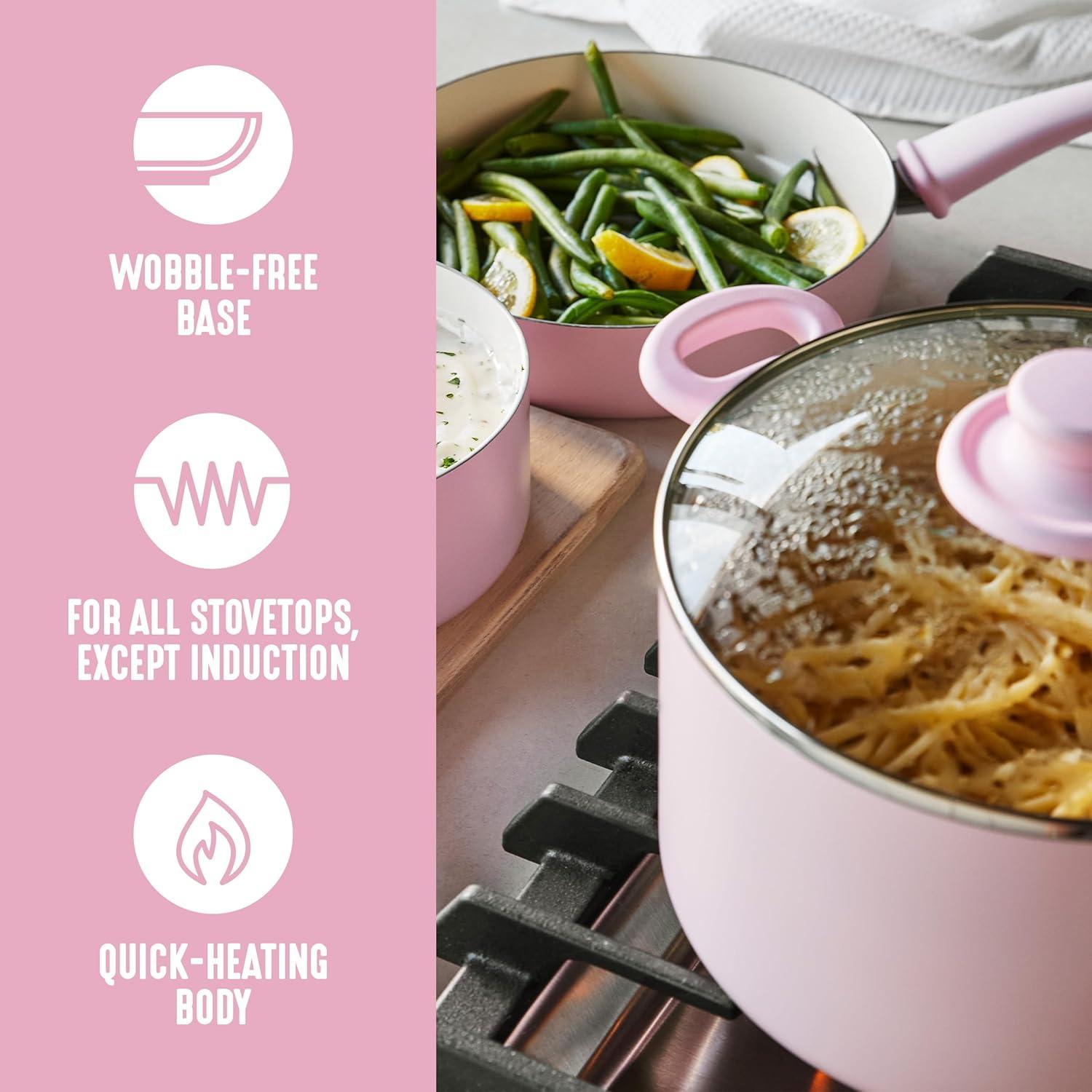 GreenLife 8 Piece Nonstick Cookware Set, Non-Toxic PFAS-Free Ceramic Pots & Pans, Dishwasher & Oven Safe, Frying, Sauce, Stock Pot, Glass Lids, Stay-Cool Handles, Wobble Free, Light Pink