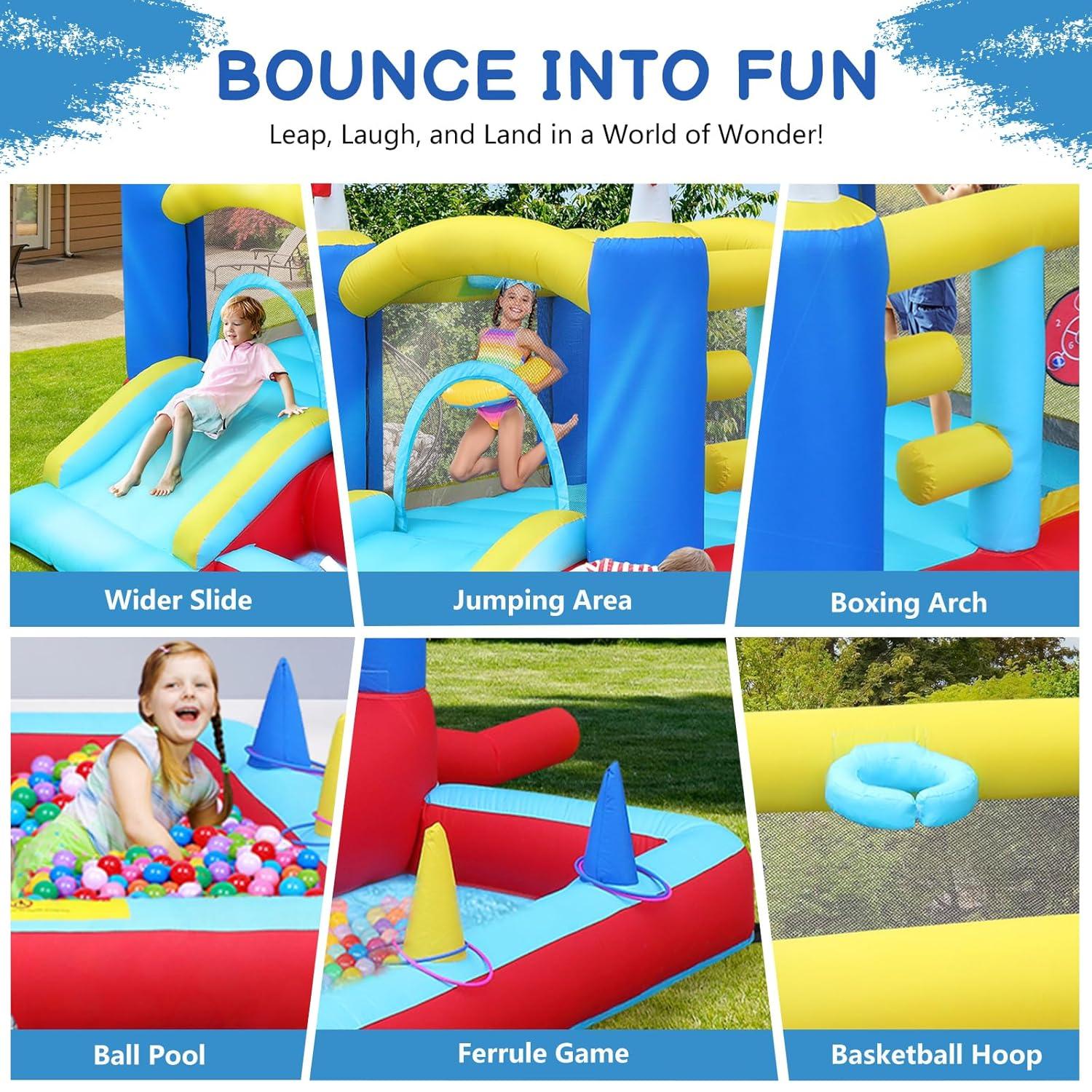 Ktaxon Inflatable Bounce House with Blower for Kids 3+, Indoor & Outdoor Bouncy Castle with Slide, Perfect for Birthday Parties, Backyard, Lawn