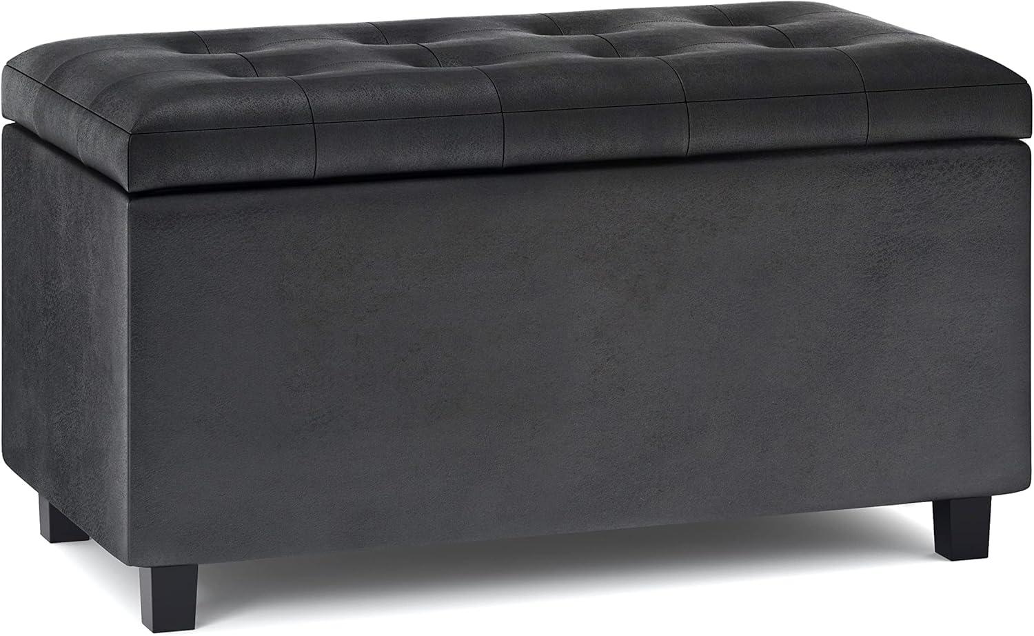 Simpli Home Cosmopolitan 34" Transitional Rectangle Ottoman in Black Faux Leather