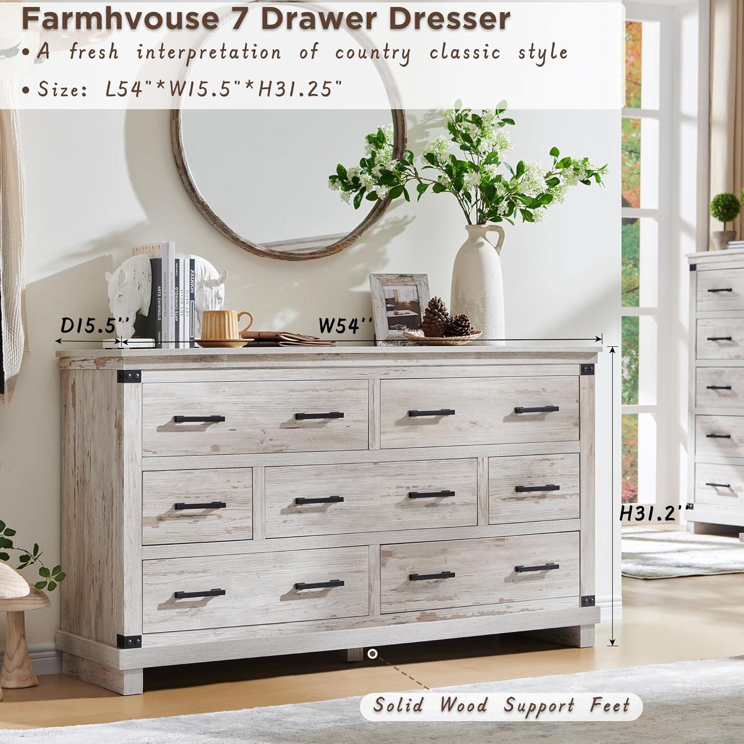 Farmhouse 7 Drawers Dresser for Bedroom, Wood Large Chest of Drawers with Thick Plank Styling, Rustic Closet Dresser for Bedroom, Living Room, Antique Brush White Color