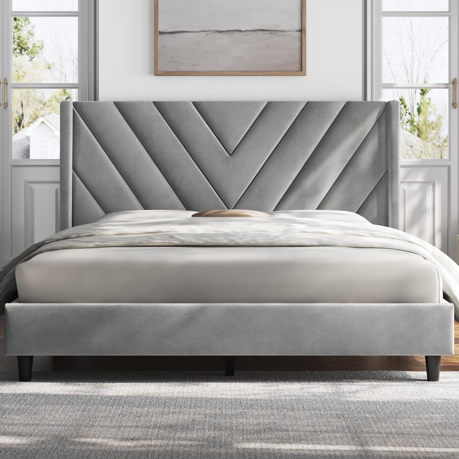 Killeryuki Full Bed Frame Upholstered Platform Bed with Wing Side Tufted Headboard/Sturdy Wooden Slat Support/No Box Spring Needed/Mattress Foundation,Light Gray Full Bed