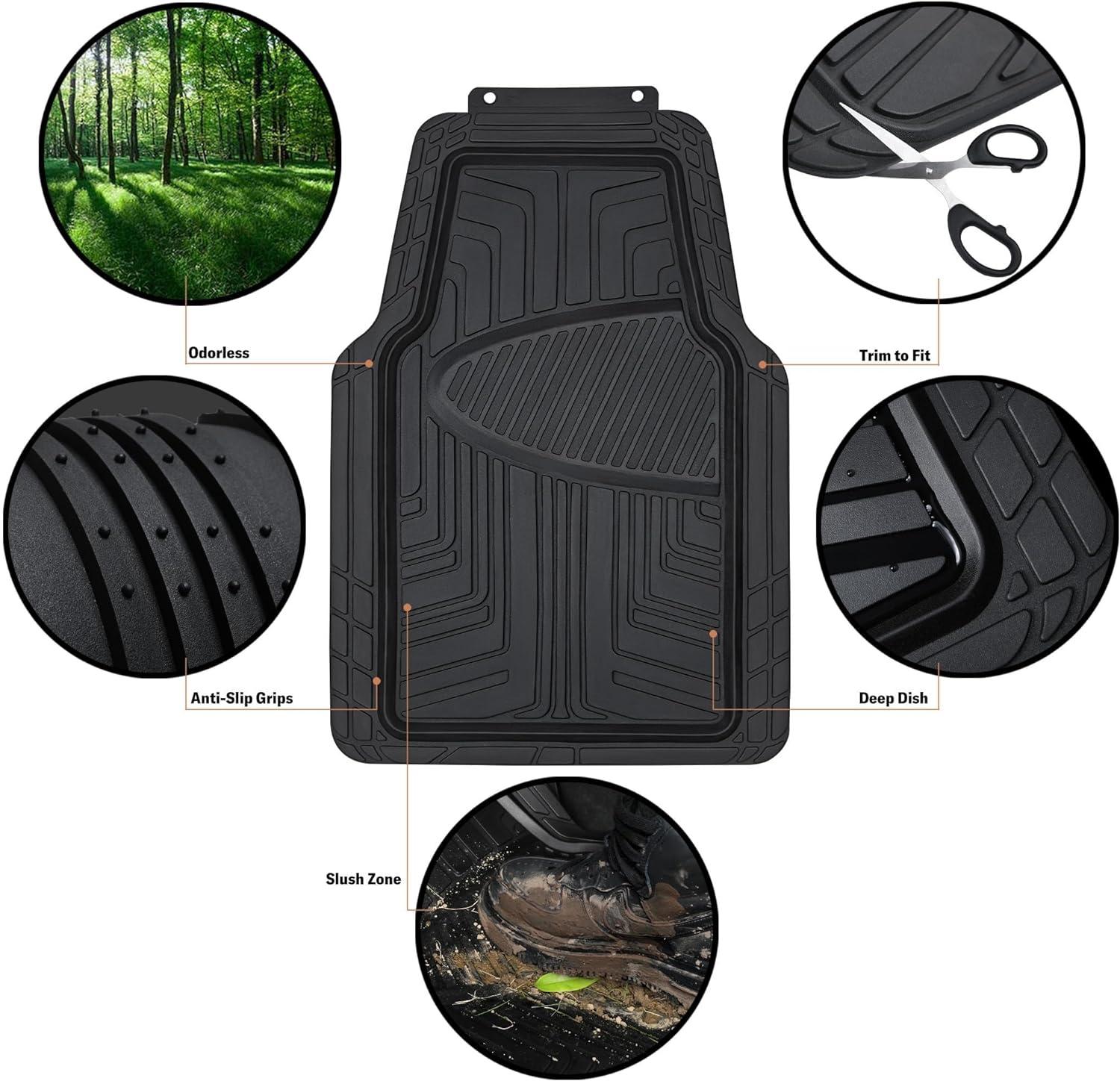 4-Piece Premium Rubber Floor Mat for Cars, SUVs and Trucks, All Weather Protection, Universal Trim to Fit