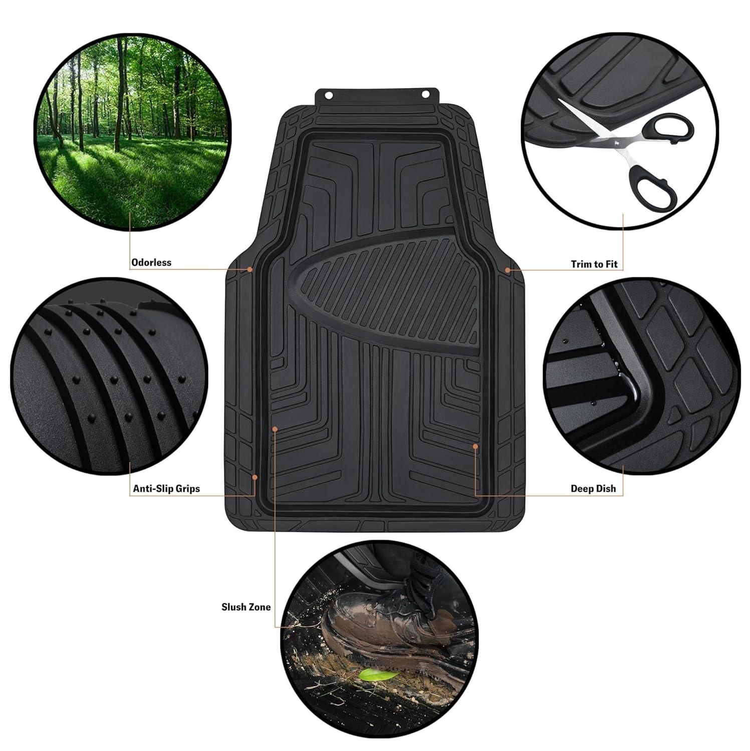 4-Piece Premium Rubber Floor Mat for Cars, SUVs and Trucks, All Weather Protection, Universal Trim to Fit