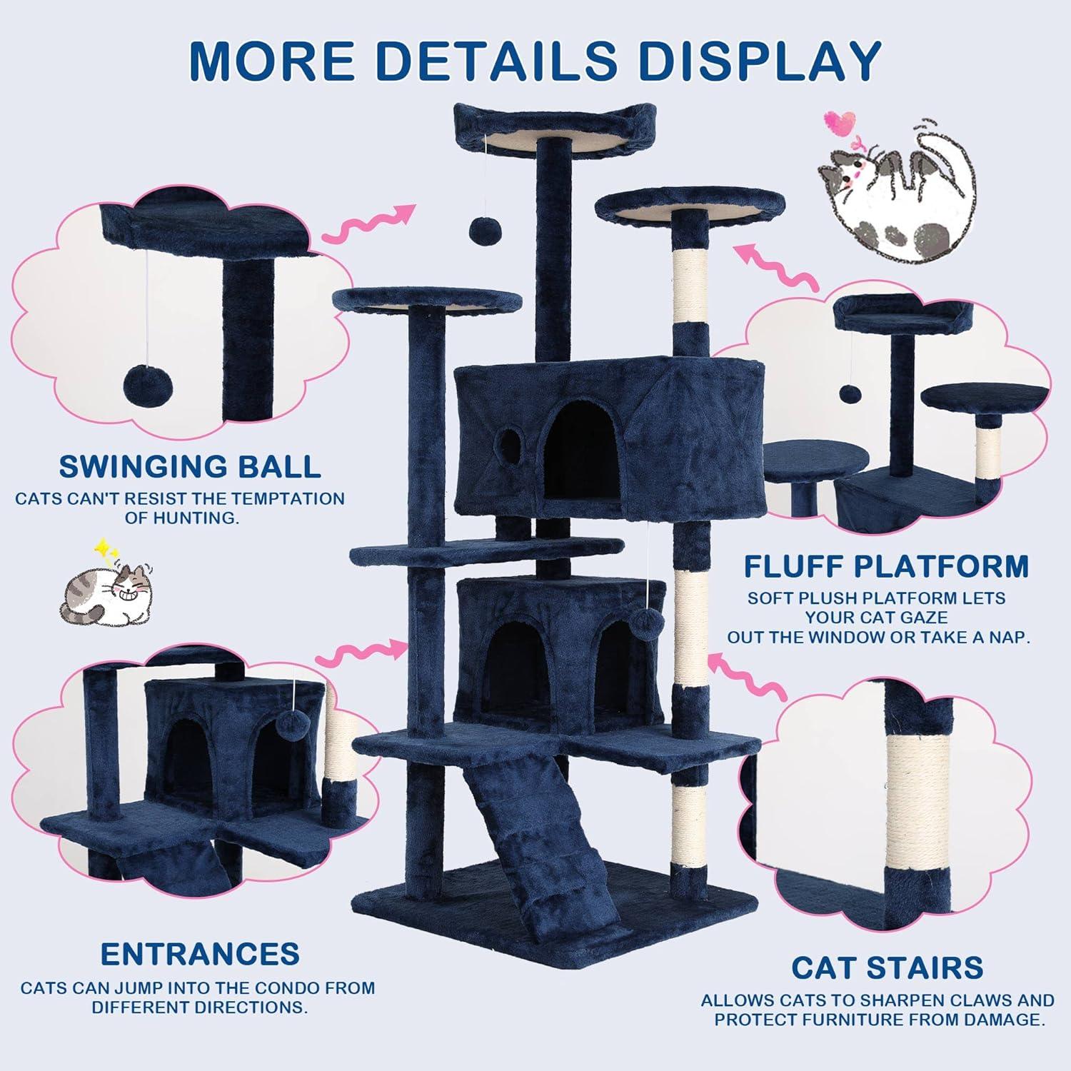 FDW 54in Cat Tree Tower Multi-Level Scratching Post & Play House for Indoor Cats/Kittens, Navy Blue