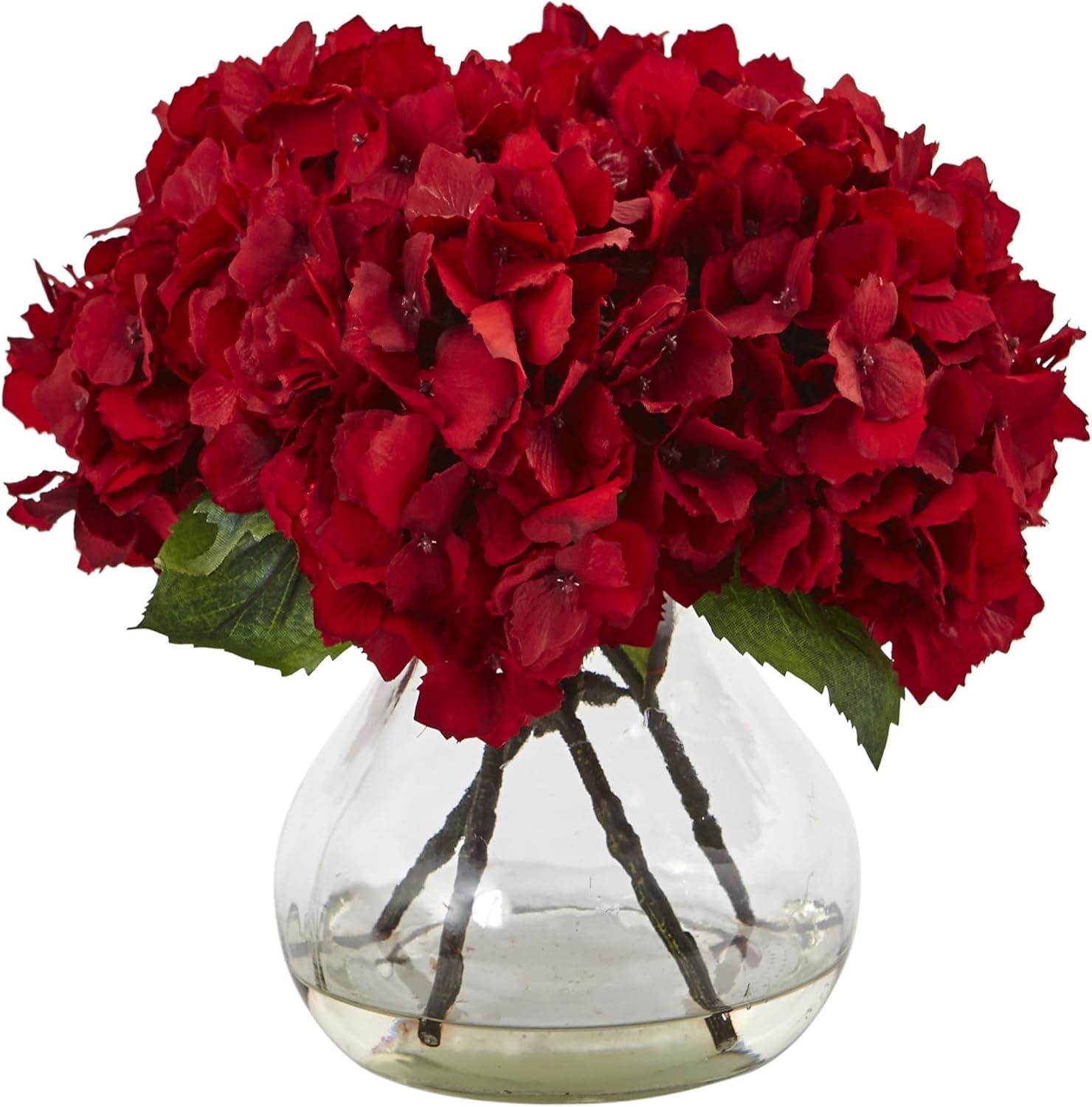 Nearly Natural 8.5-in Red Hydrangea Silk Flower Arrangement with Glass Vase