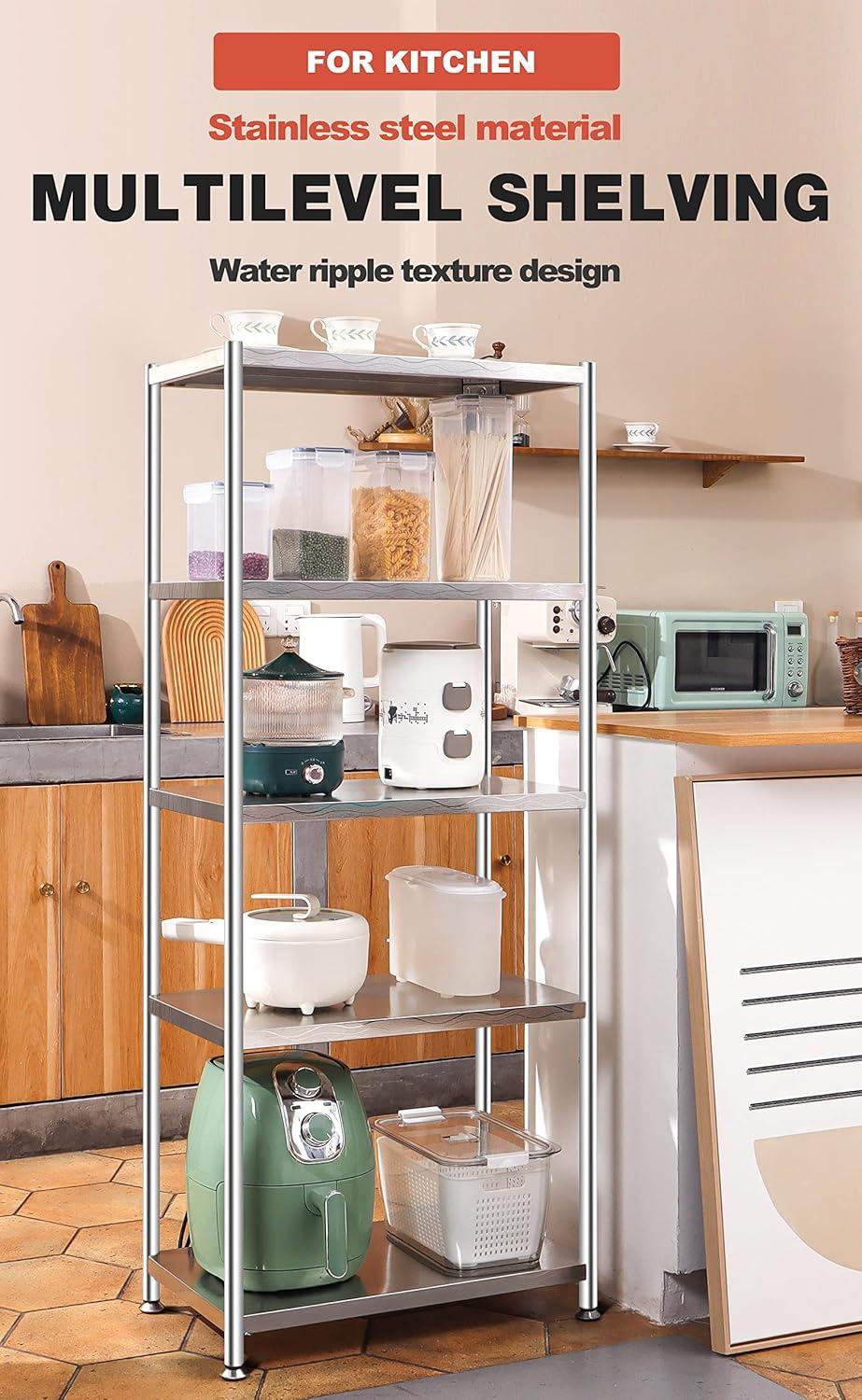 susunnus Stainless Steel Shelves 23.6in-5 Tier, Stainless Steel Shelf Organizer, Kitchen Storage Shelves,Artistic Texture, Pragmatic & Sturdy & Waterproof