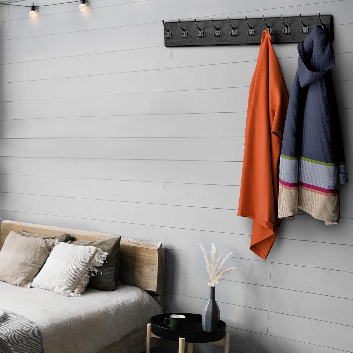 Rustic Coat Rack Wall Mount – 38.6 Inch Long Wall Mounted Coat Rack with 10 Hooks – Solid Pine Wood, Distressed Finish – Entryway Wall Hook Rack for Coats, Hats, Bags, Keys, Jackets - 2 Pack