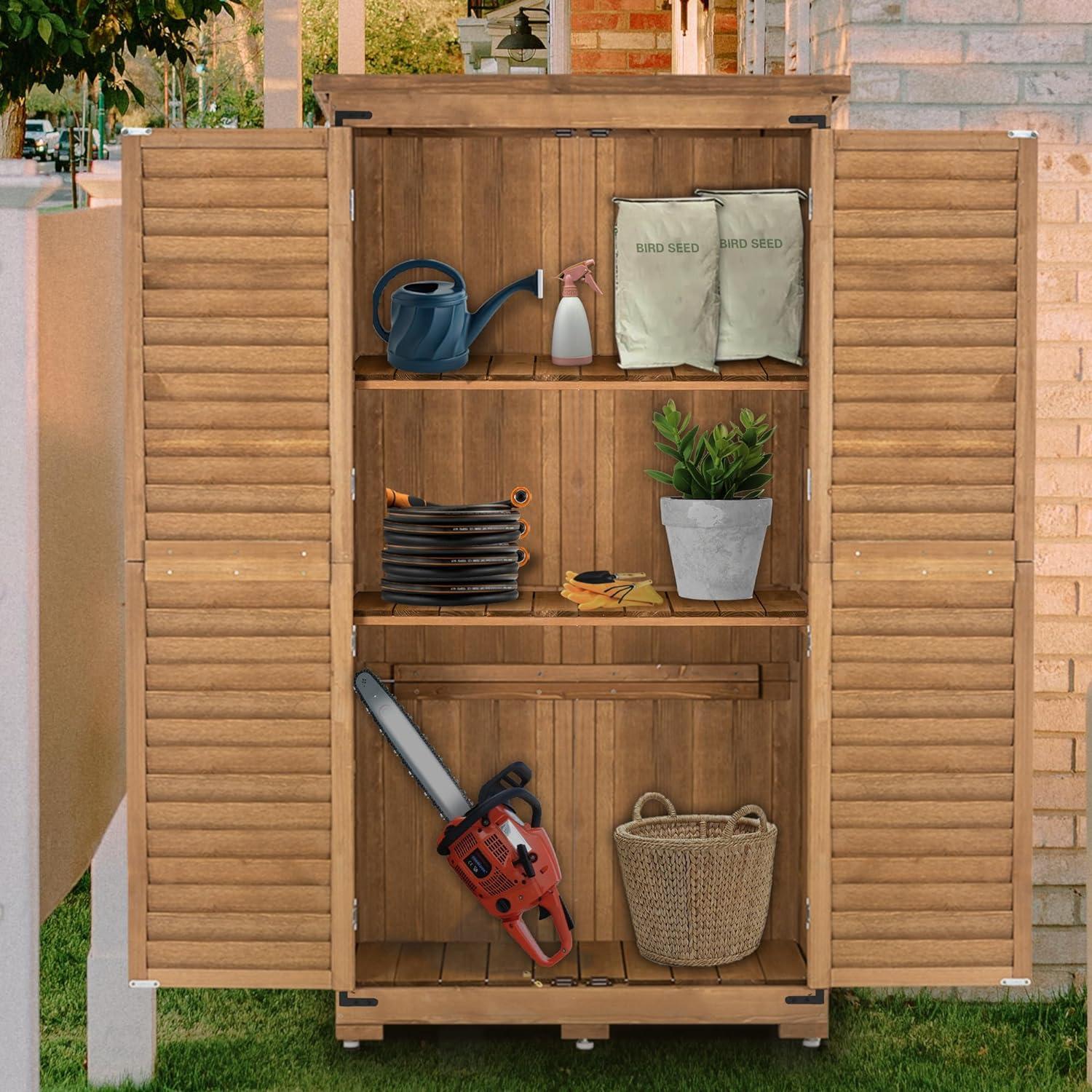 Mcombo  63 inch Tall Outdoor Storage Tool Cabinet Shed with Lock for Yard (34.3" L x 18.3" W x 63" H), Wooden 0870 - N/A Natural