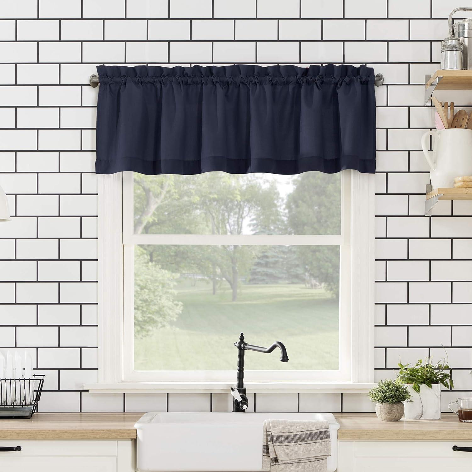 Navy Blue Sheer Polyester Rod Pocket Kitchen Curtain Set