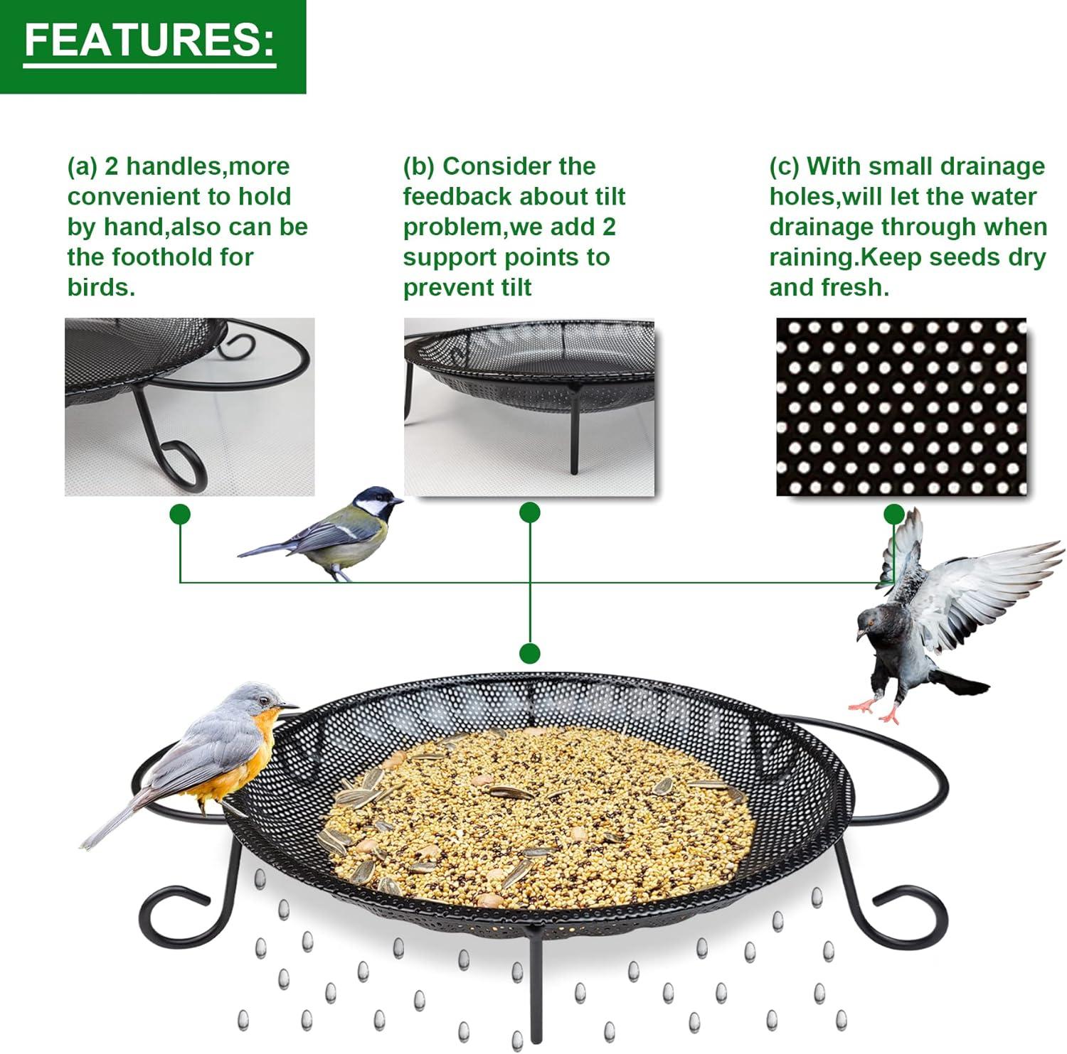 Large Black Stainless Steel Ground Bird Feeder Tray with Handles