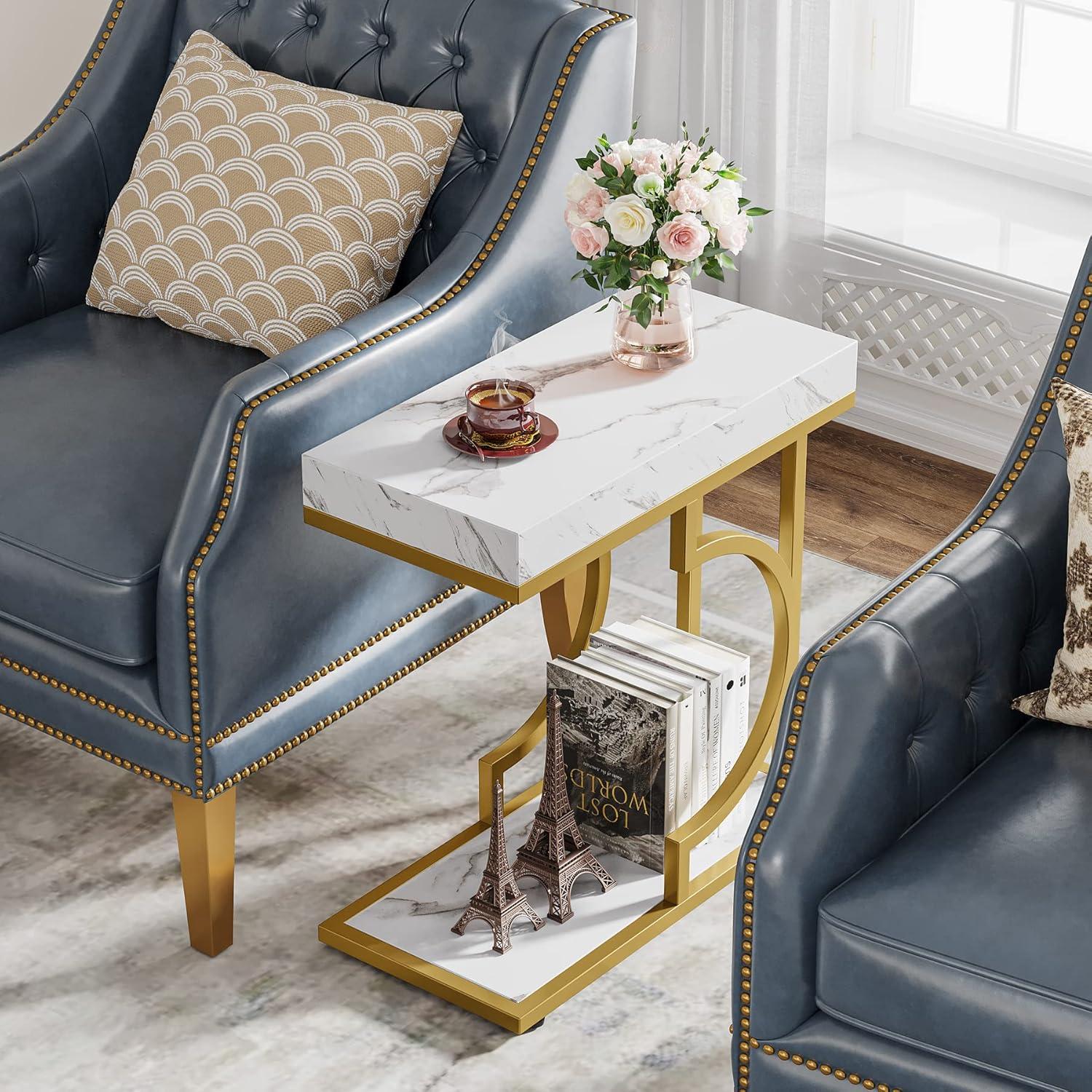 White Faux Marble and Gold C-Shaped End Tables Set of 2