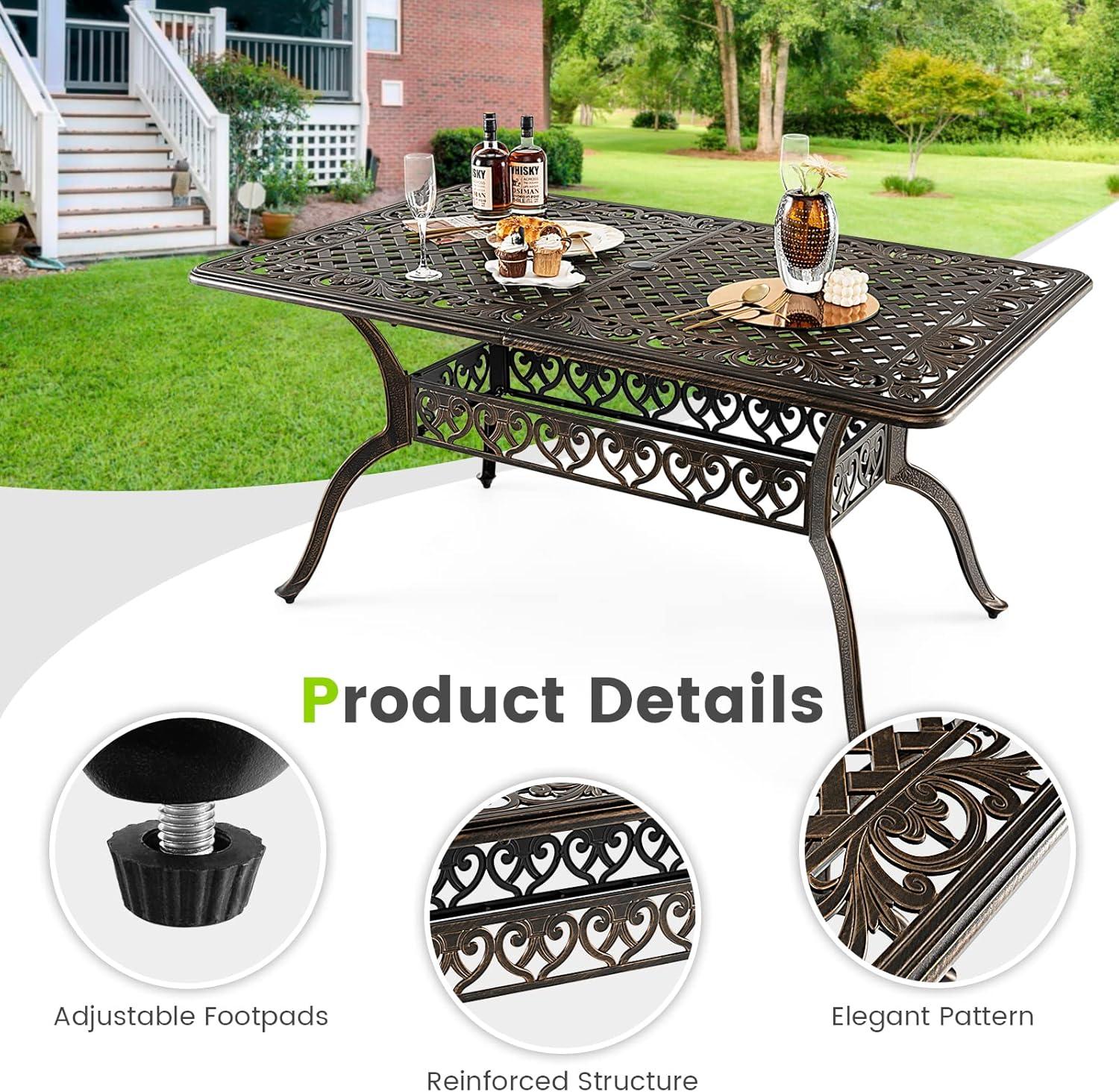 Giantex Patio Dining Table, Cast Aluminum Outdoor Table for 6 or 8 Persons, Heavy-Duty Structure, Adjustable Footpads, All-Weather Square Umbrella Table with Hole, 59" Lx35.4 Wx28.3 H