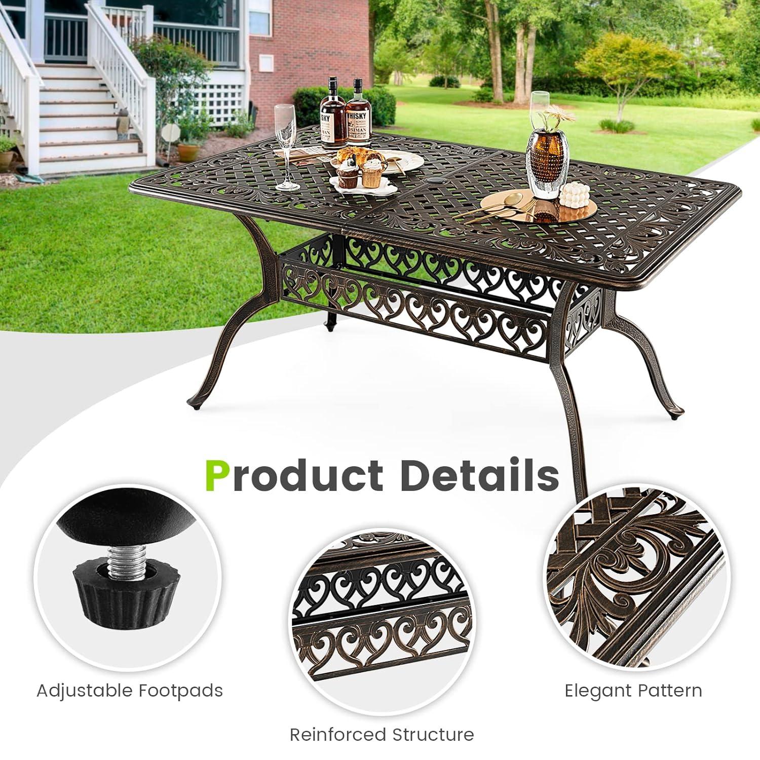 Giantex Patio Dining Table, Cast Aluminum Outdoor Table for 6 or 8 Persons, Heavy-Duty Structure, Adjustable Footpads, All-Weather Square Umbrella Table with Hole, 59" Lx35.4 Wx28.3 H