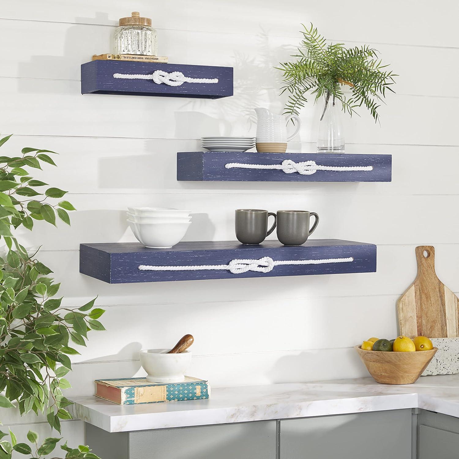 Coastal Breeze White and Blue Knotted Rope Wall Shelf Set of 3