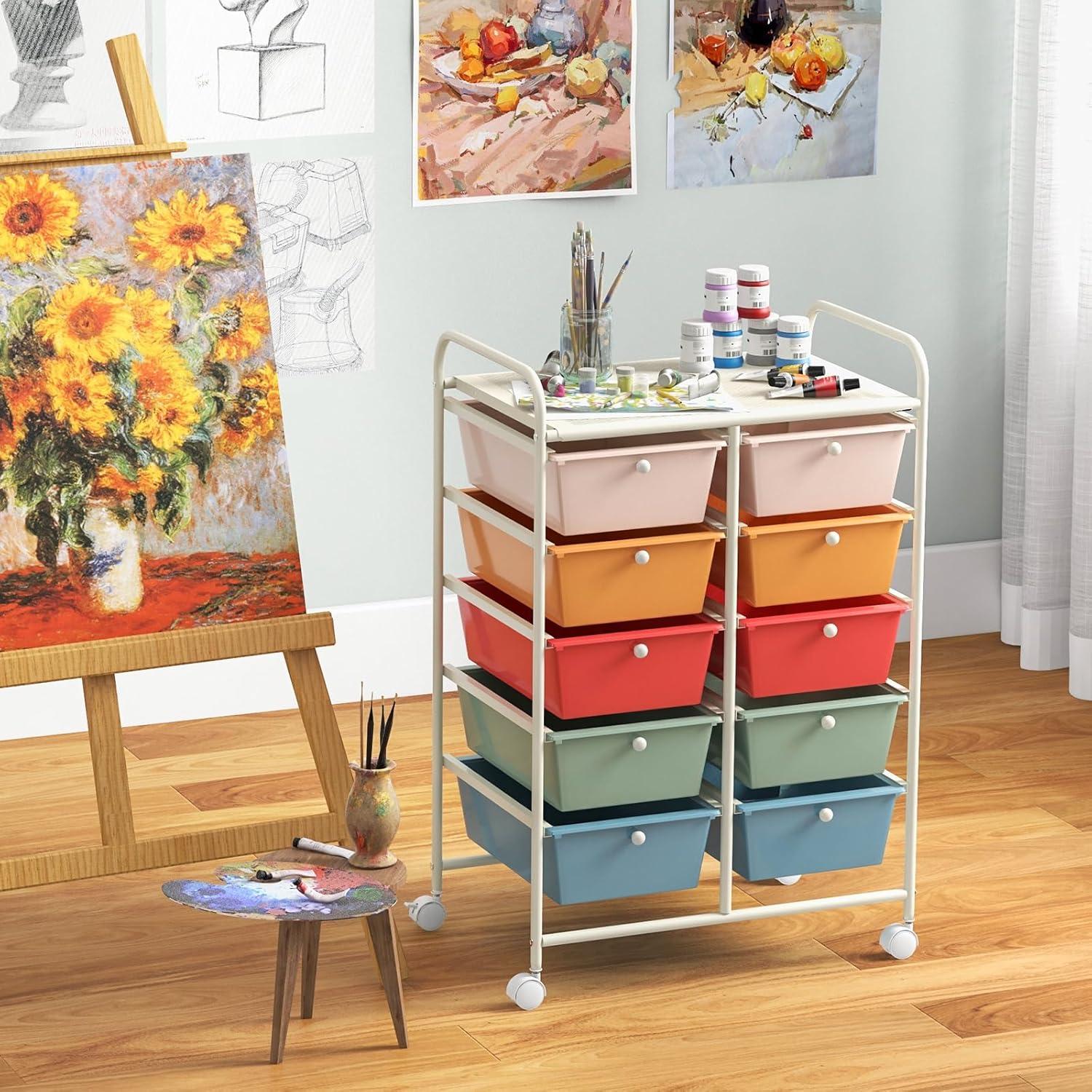 Macaron Multicolor 10-Drawer Rolling Storage Cart with Metal Frame