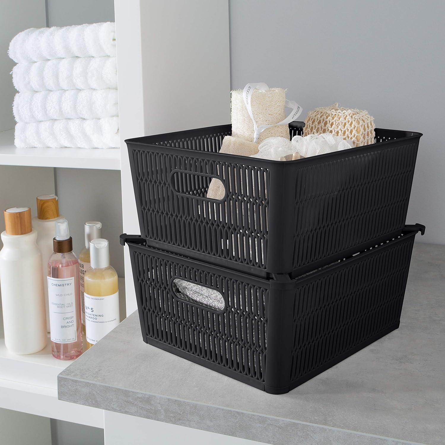 Simplify Slide 2 Stack It 2 Pack Plastic Storage Tote Baskets in Black