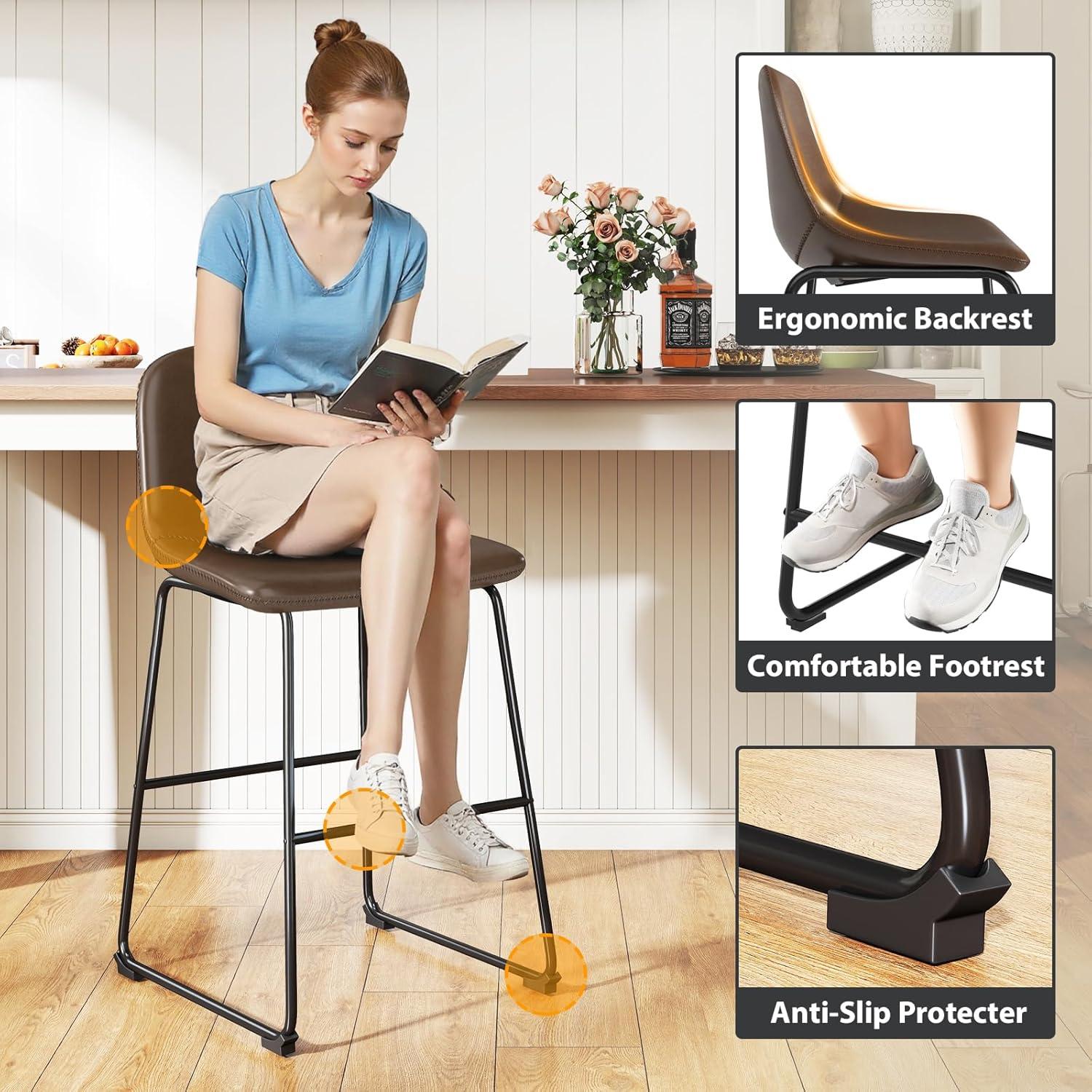 Bennium Counter Stools Set of 2, 24 inch Counter Height Bar Stools Hold up to 500 lbs, Armless Counter Height Chairs with Metal Legs & Soft Backrest for Kitchen Island Coffee Shop, Brown