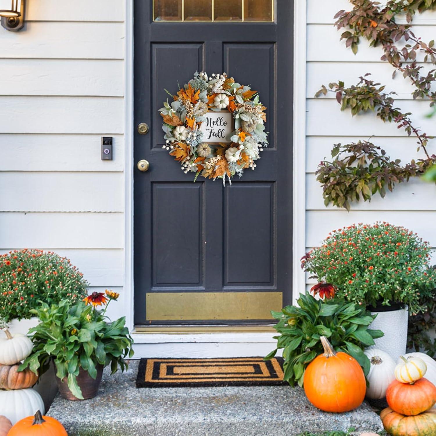 20-Inch Eucalyptus and Pumpkin Fall Wreath for Front Door