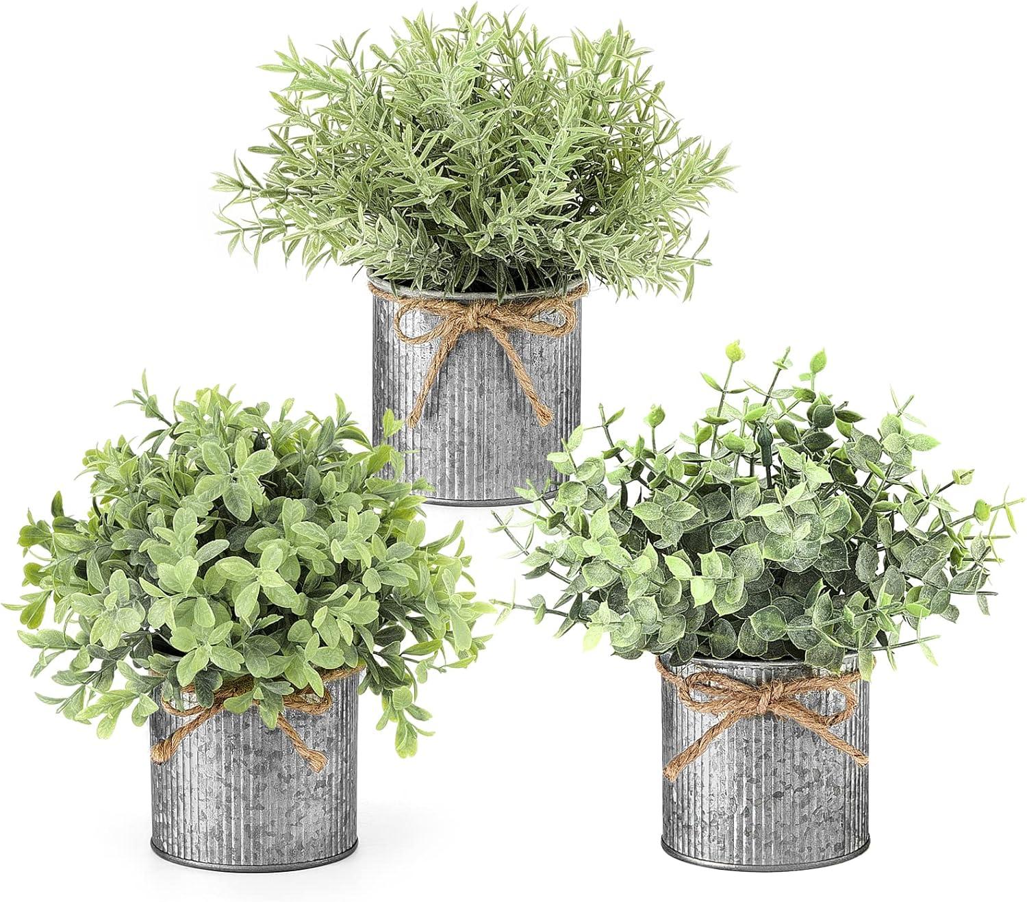 Set of 3 Green Faux Boxwood and Eucalyptus Tabletop Centerpieces