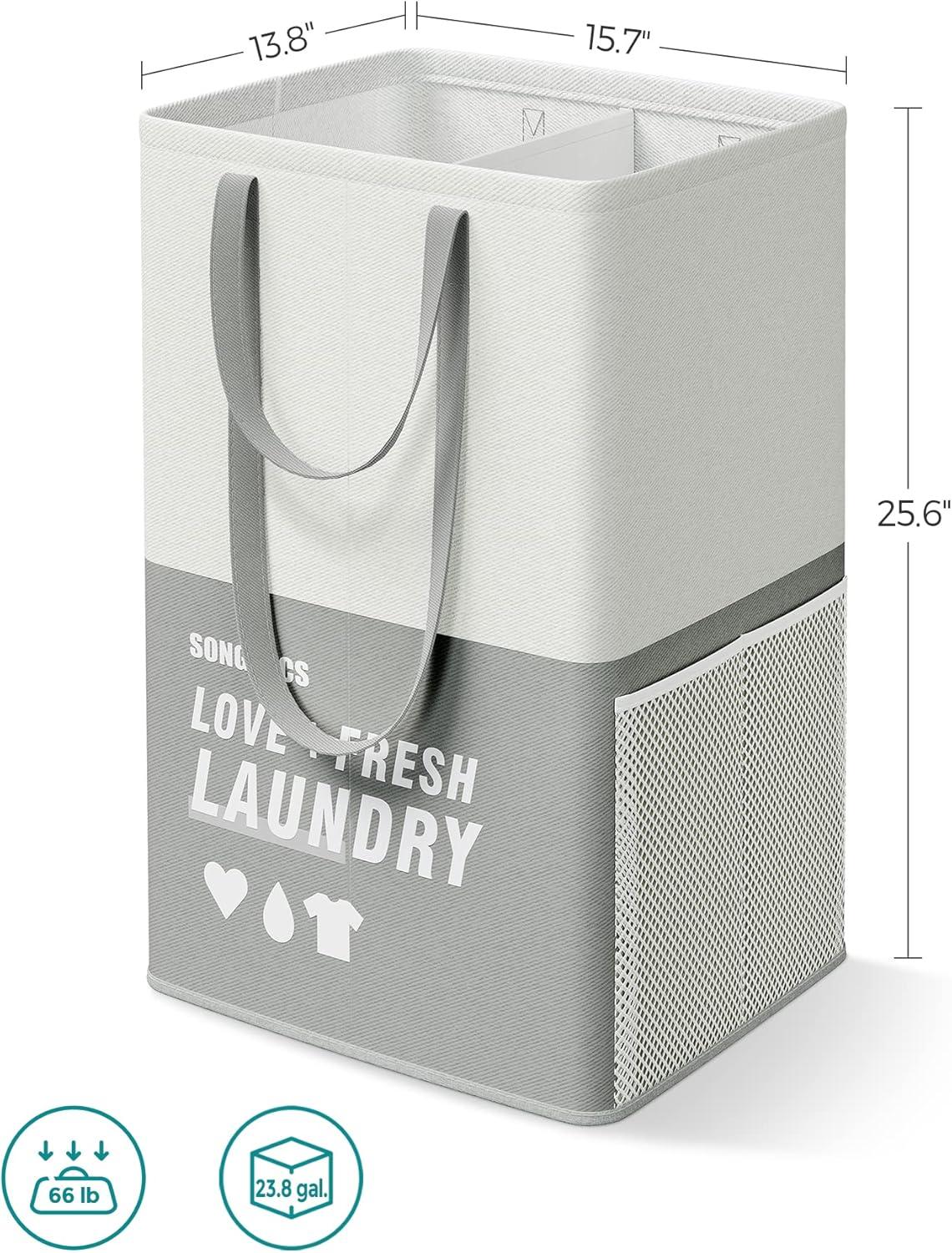 SONGMICS Laundry Baskets, Laundry Hamper with 2 Compartments, 23.8 Gallon (90L) Set of 2 Collapsible Water-Repellent Clothes Hampers, Tall Laundry Bag for Bedroom Bathroom, Light Gray ULCB209G12