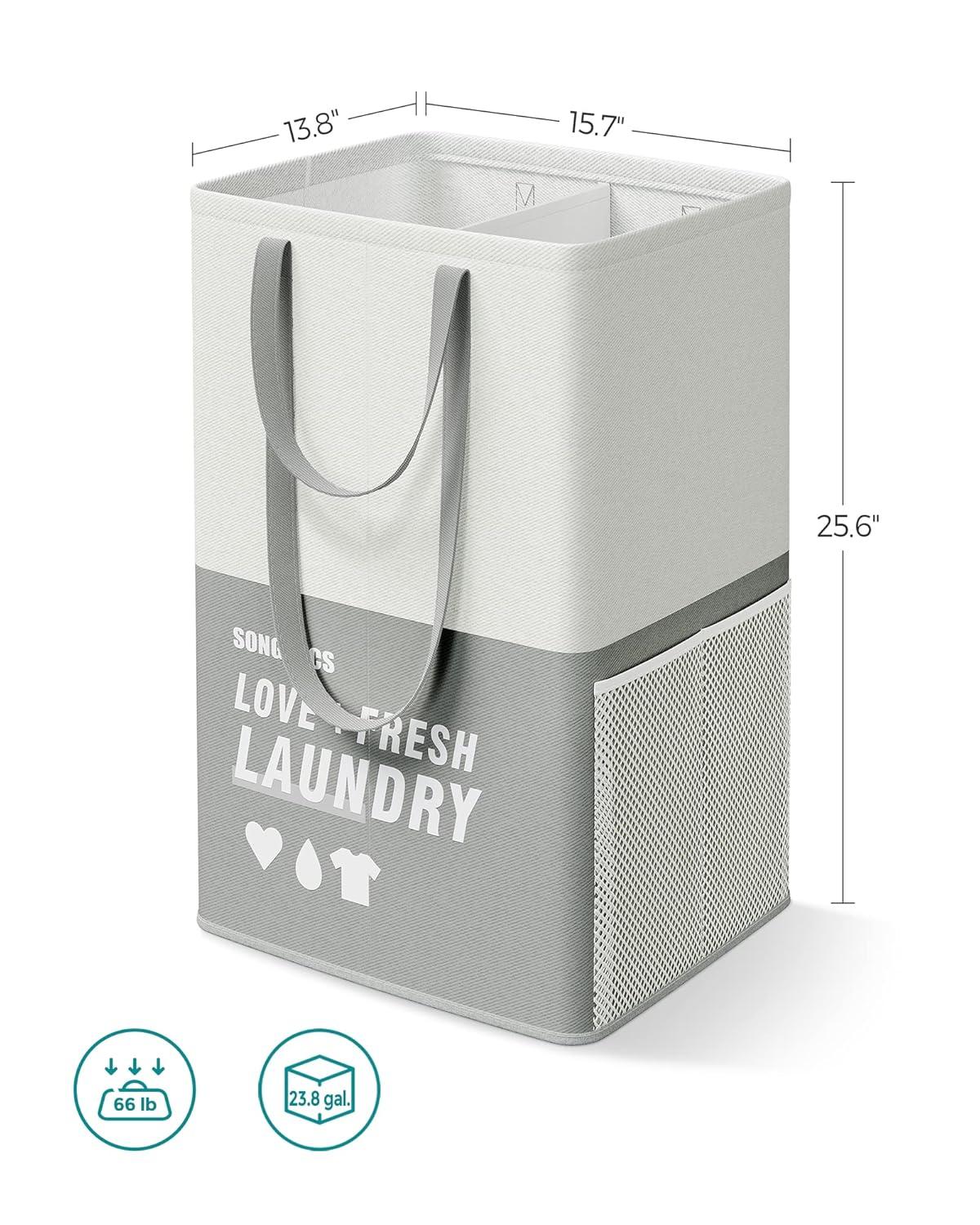 SONGMICS Laundry Baskets, Laundry Hamper with 2 Compartments, 23.8 Gallon (90L) Set of 2 Collapsible Water-Repellent Clothes Hampers, Tall Laundry Bag for Bedroom Bathroom, Light Gray ULCB209G12