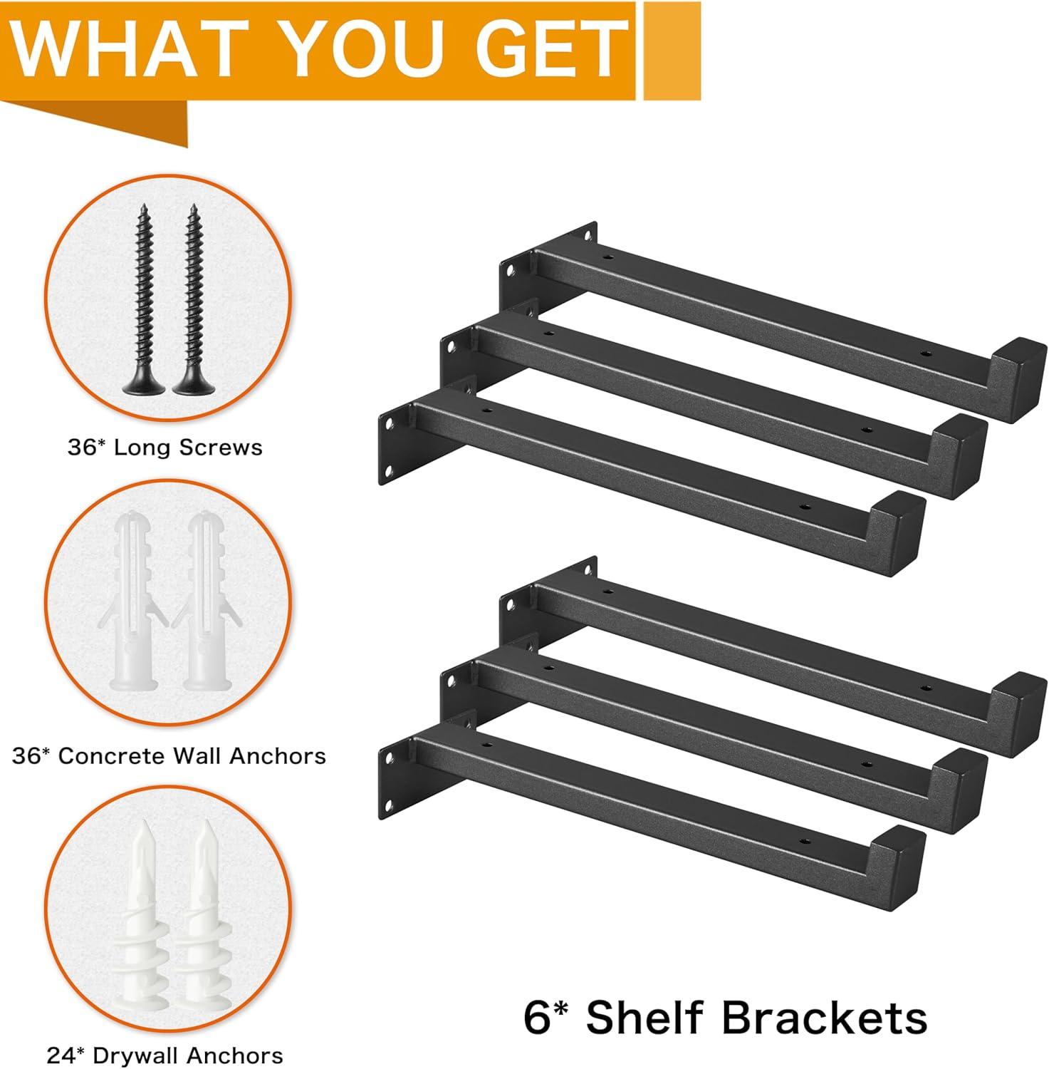 EZYDECOR 6Pcs Floating Shelves Brackets Heavy Duty Wooden Shelf Brackets 10inch Decorative Wall Shelf Brackets & Supports with Lip (Black) 10"