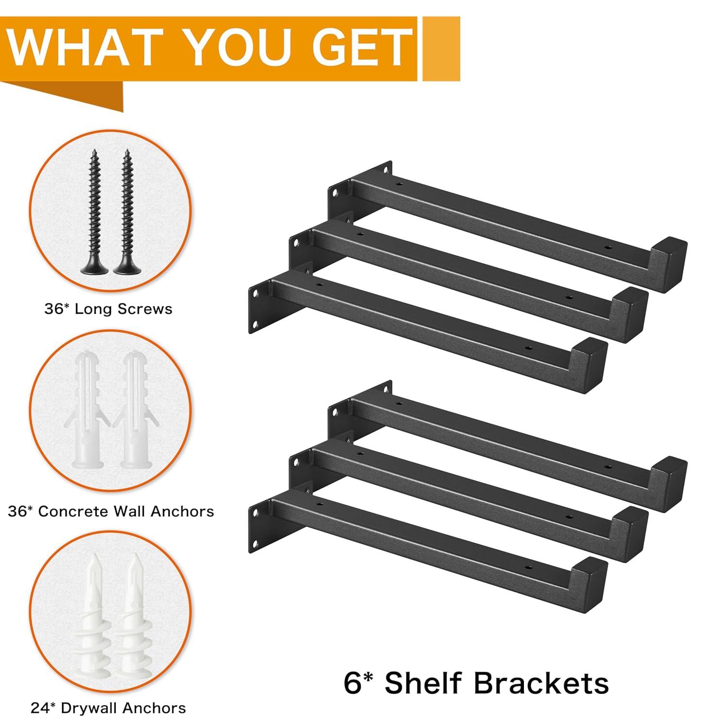 EZYDECOR 6Pcs Floating Shelves Brackets Heavy Duty Wooden Shelf Brackets 10inch Decorative Wall Shelf Brackets & Supports with Lip (Black) 10"