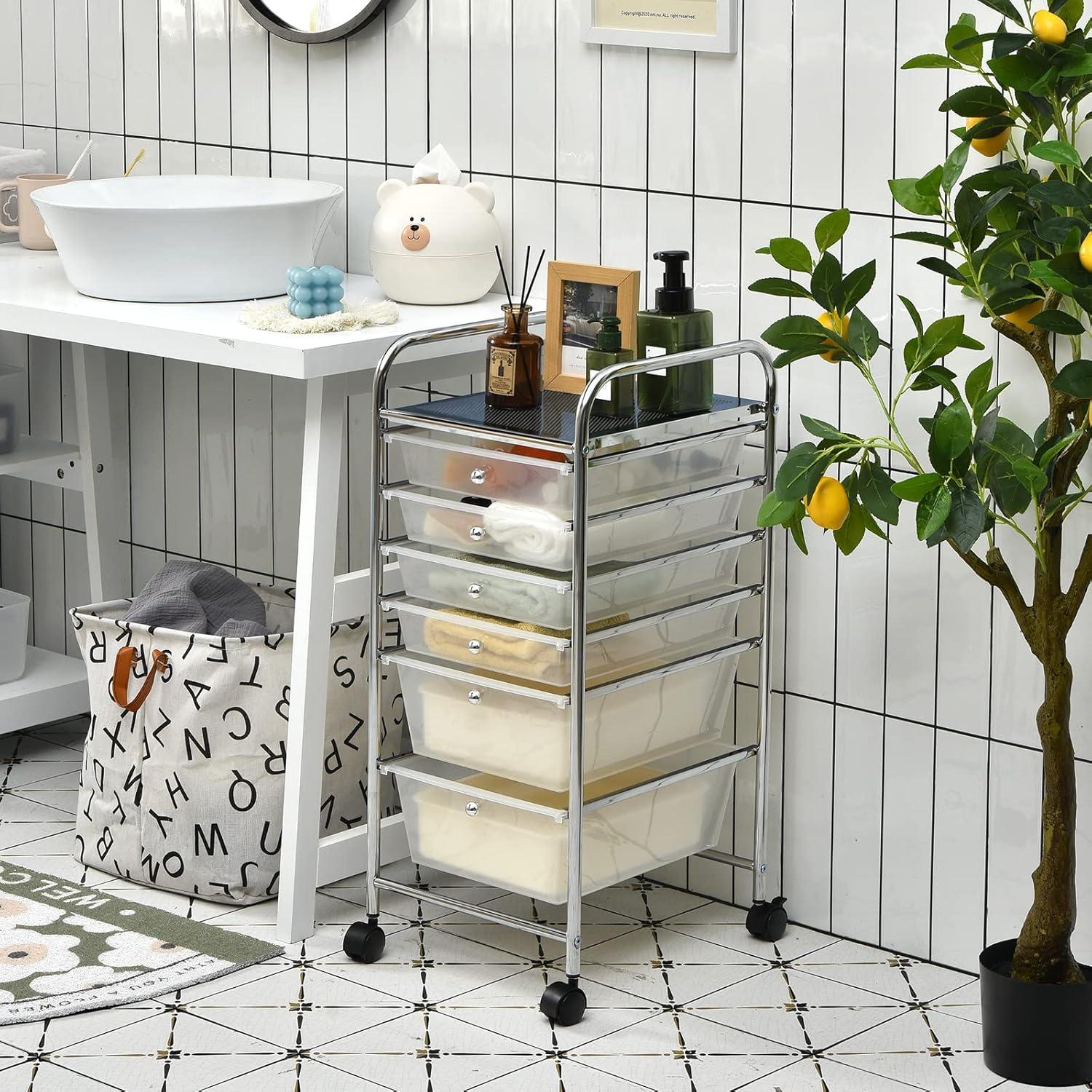 Clear 6-Drawer Rolling Storage Cart with Chrome Frame