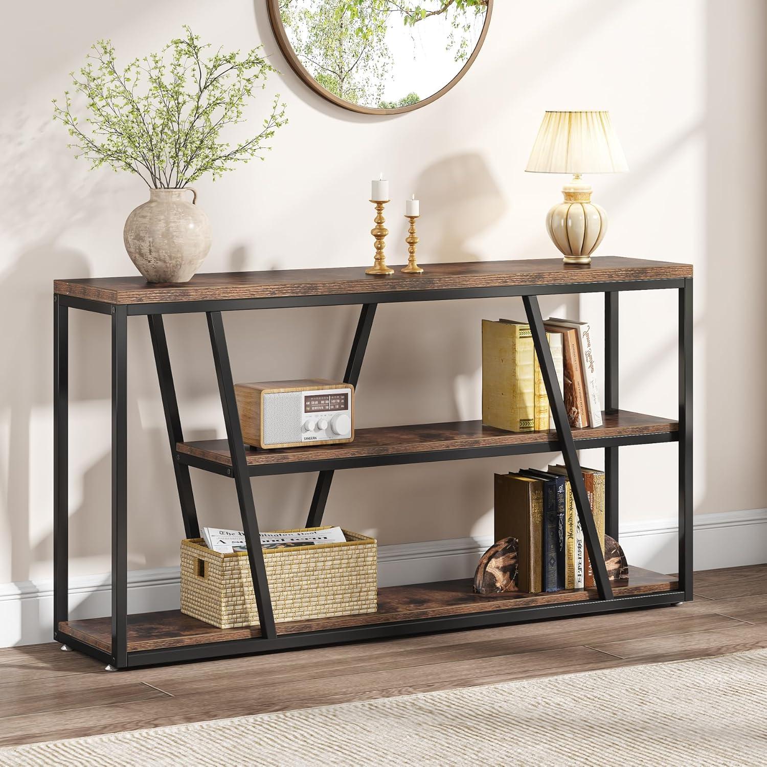 Rustic Brown Industrial 3-Tier Console Table with Shelves