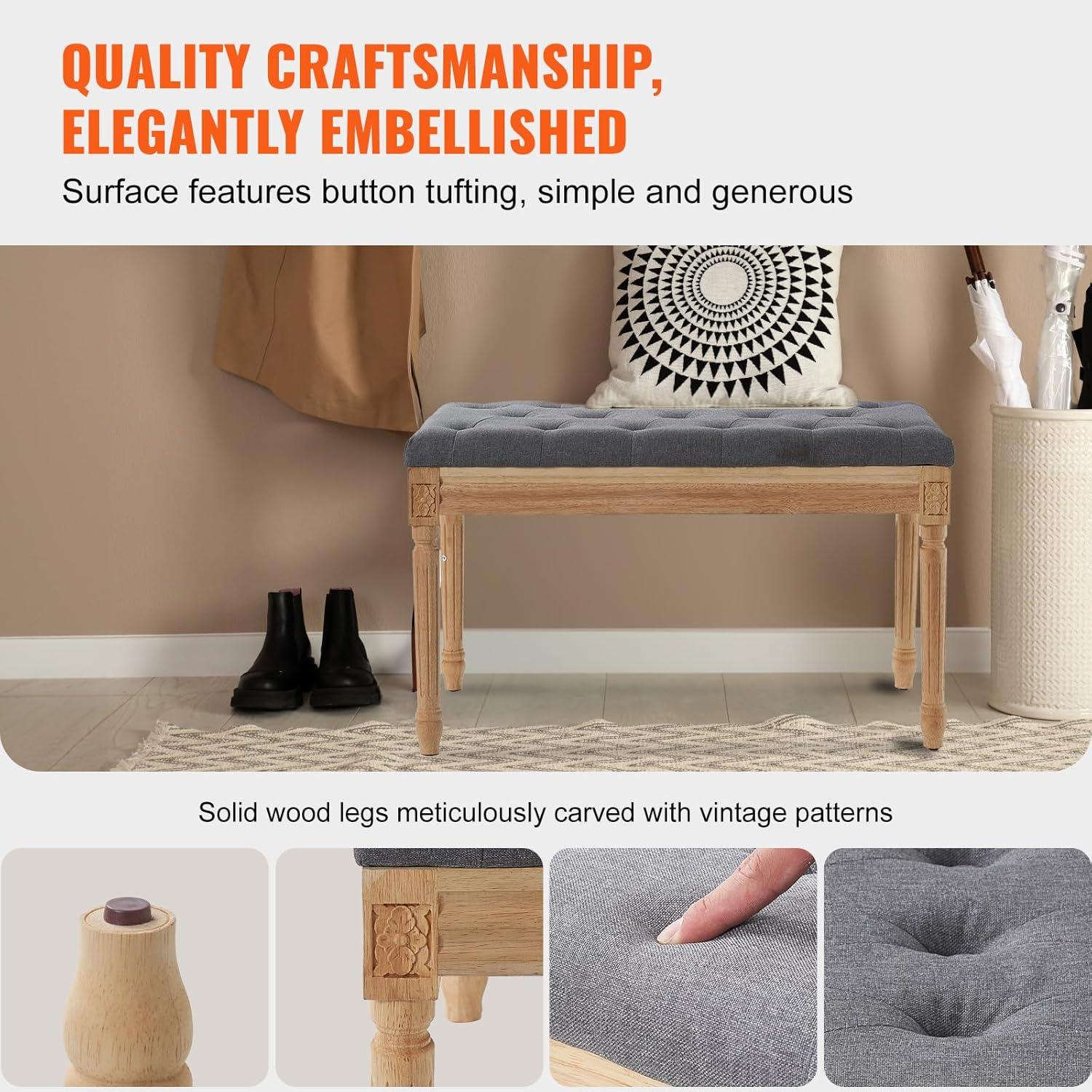 VEVOR Entryway Bench Upholstered Ottoman, Bedroom Bench for End of Bed Foam Padded Cushion & Rubberwood Legs, Tufted Footrest Stool for Dining, Living Room, Hallway, 32 x 16 x 19 Inches, Dark Gray