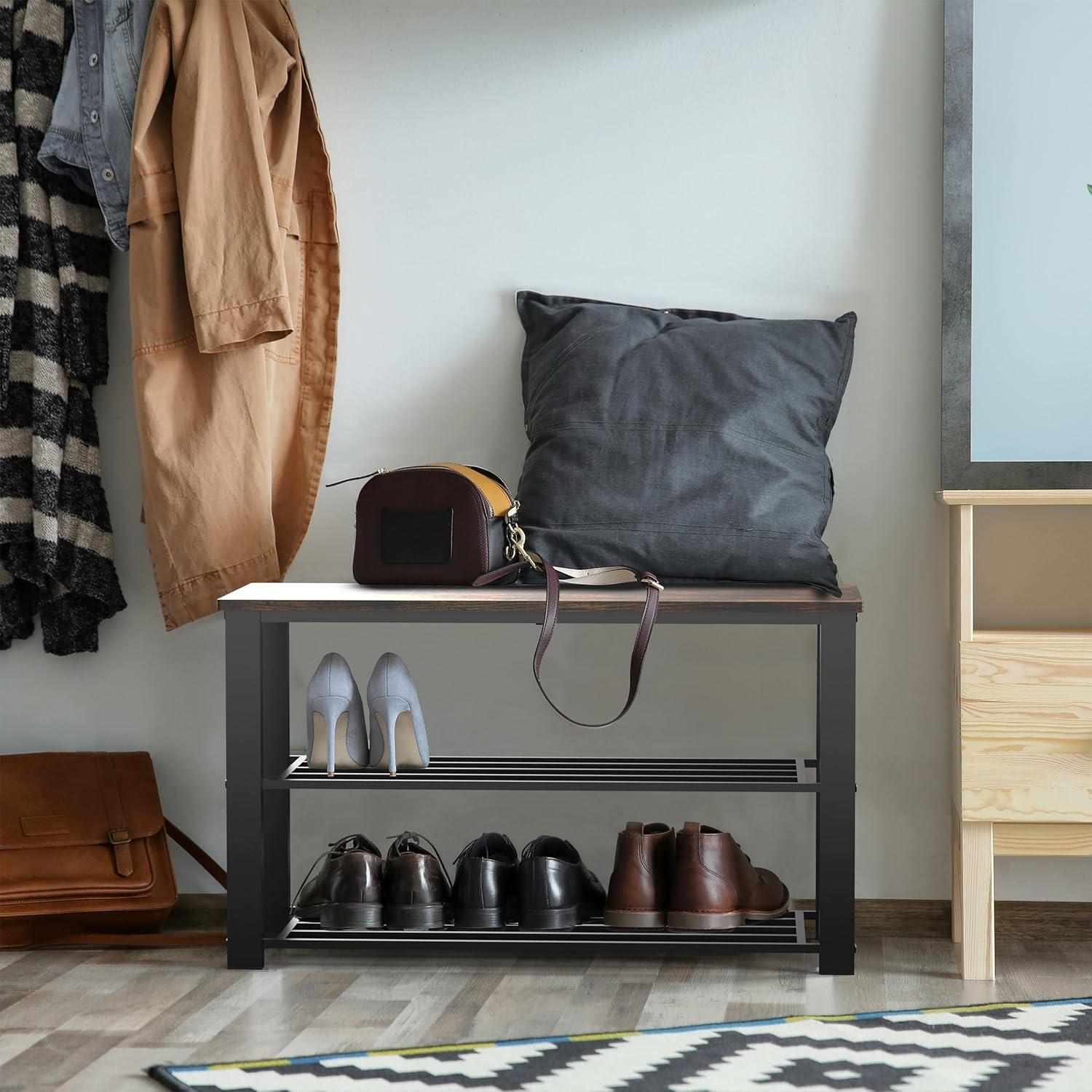 Rustic Brown Metal Frame Shoe Storage Bench with Wood Top