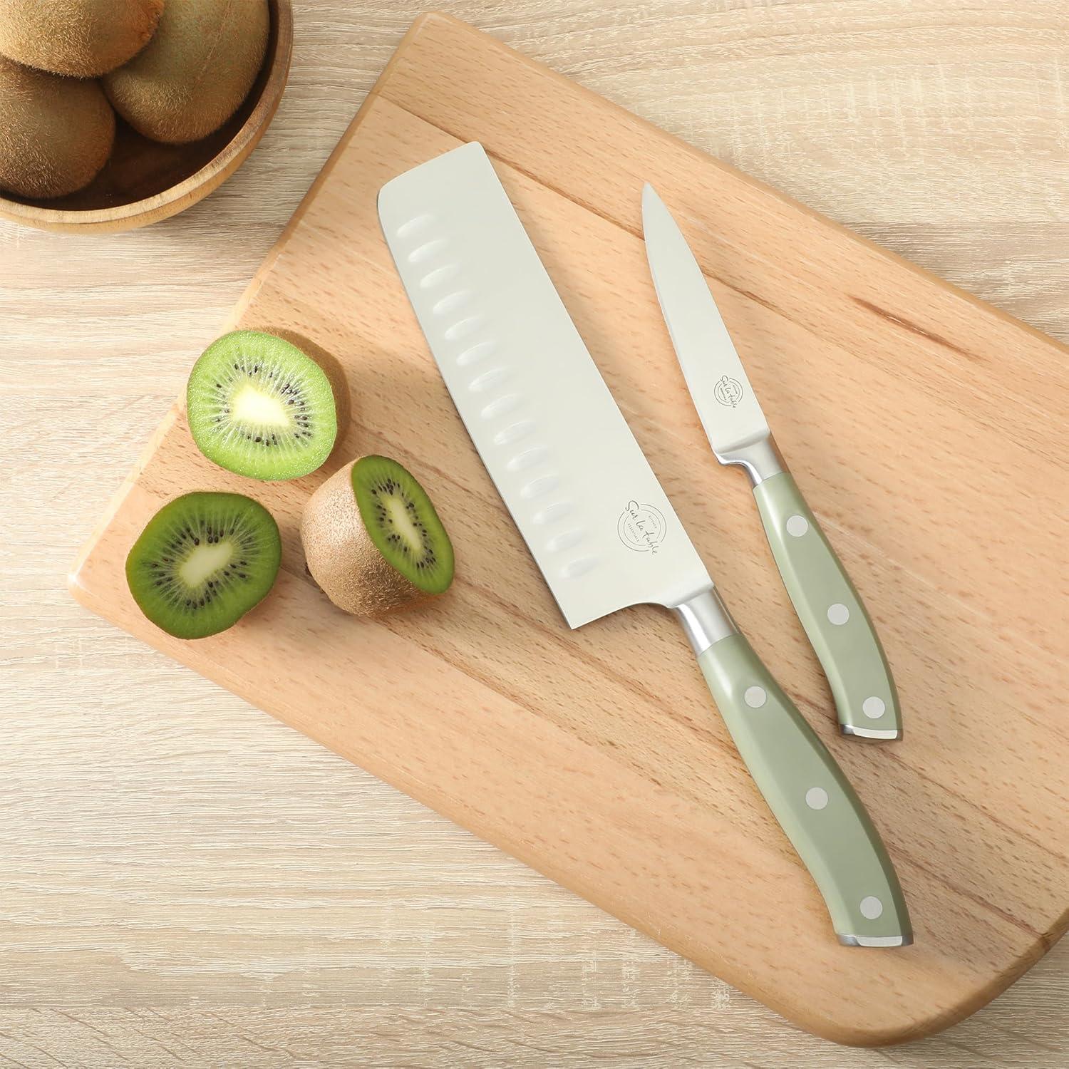 Sur La Table Kitchen Essentials Sur La Table Kitchen Essentials 5 Piece German Steel Blade With Triple Riveted Handle Set on Beechwood Magentic Block - Juniper Green
