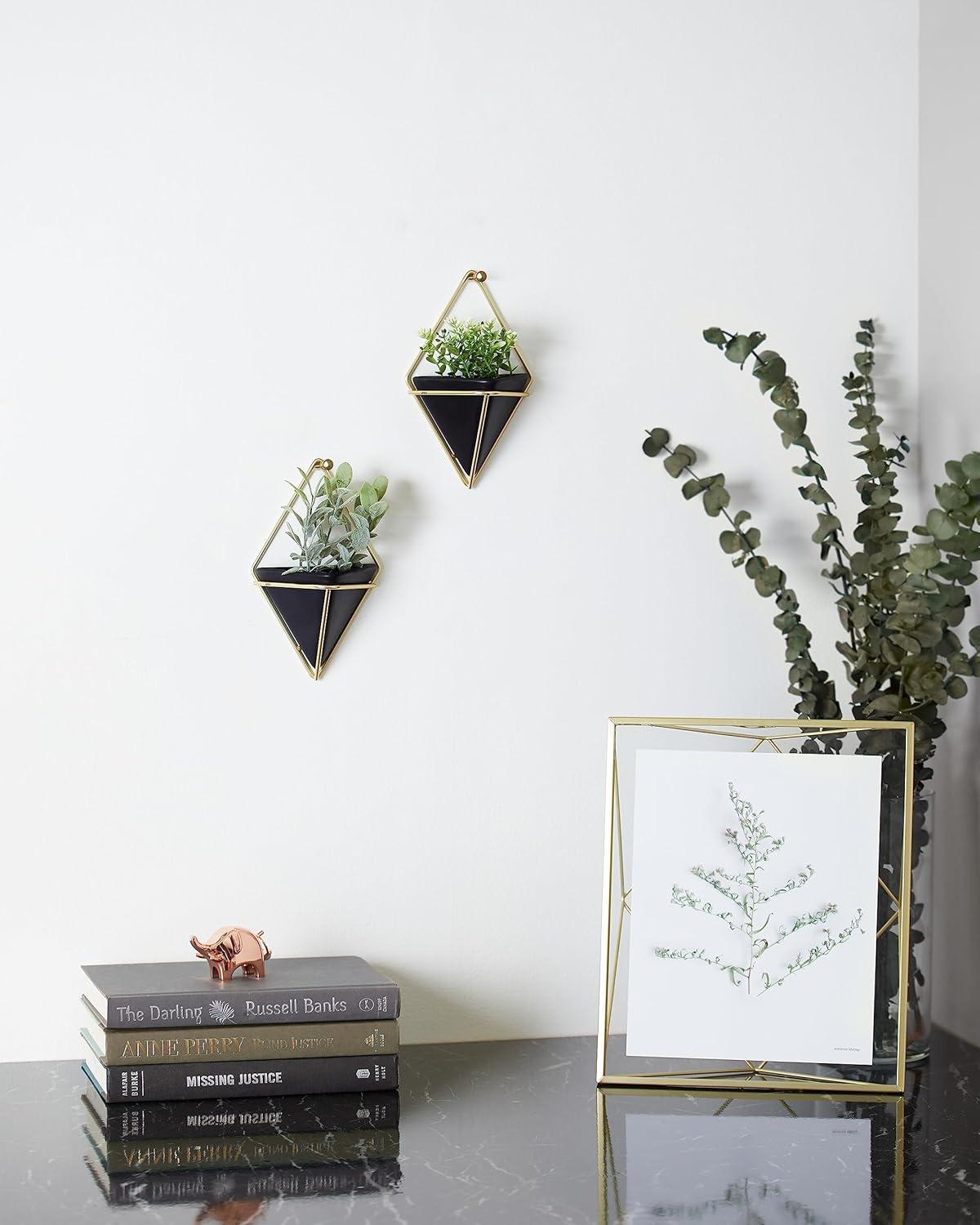 Small Black and Brass Geometric Hanging Planter Set